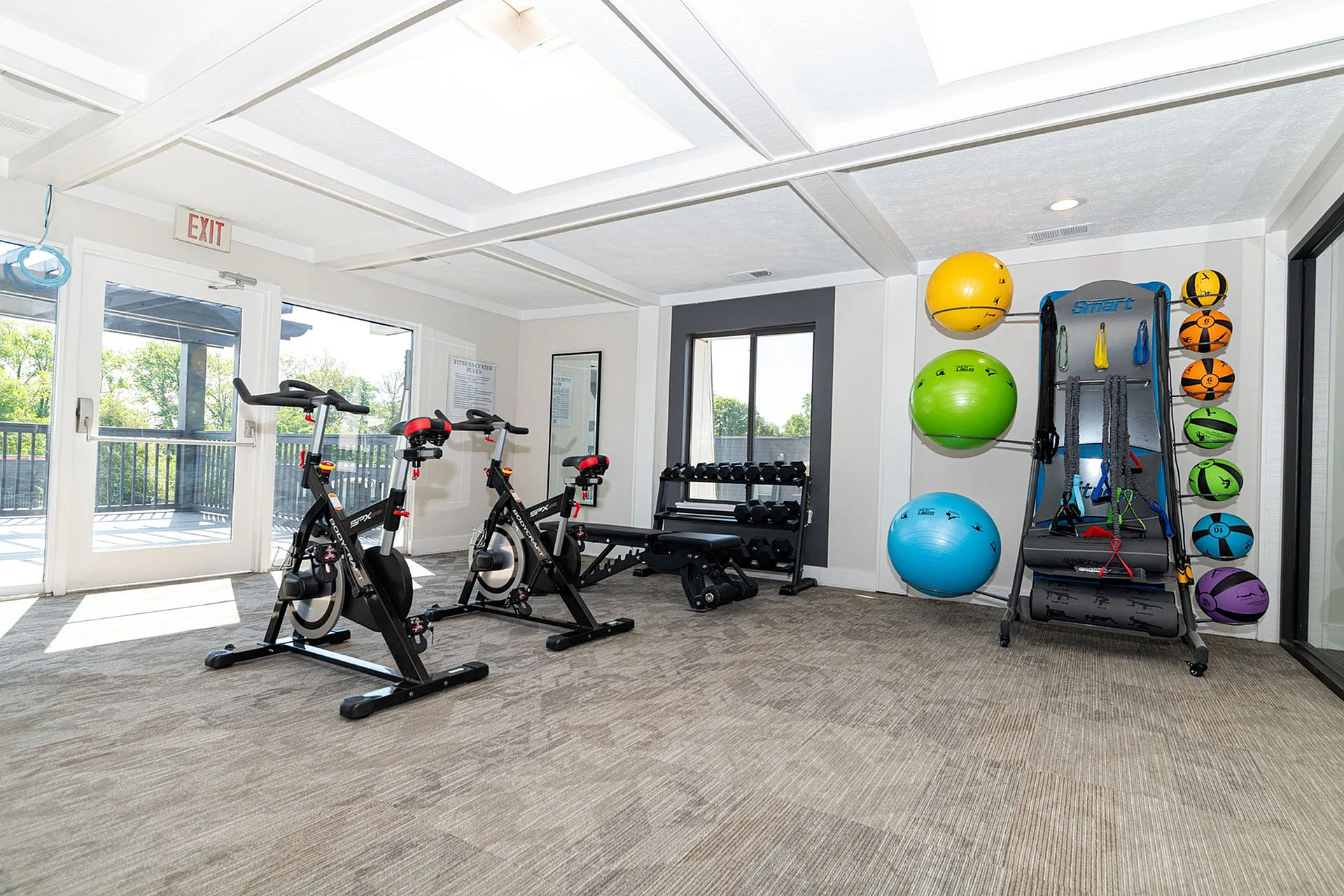 Bright and modern fitness room featuring exercise bikes, colorful stability balls, and weight rack with scenic outdoor views.