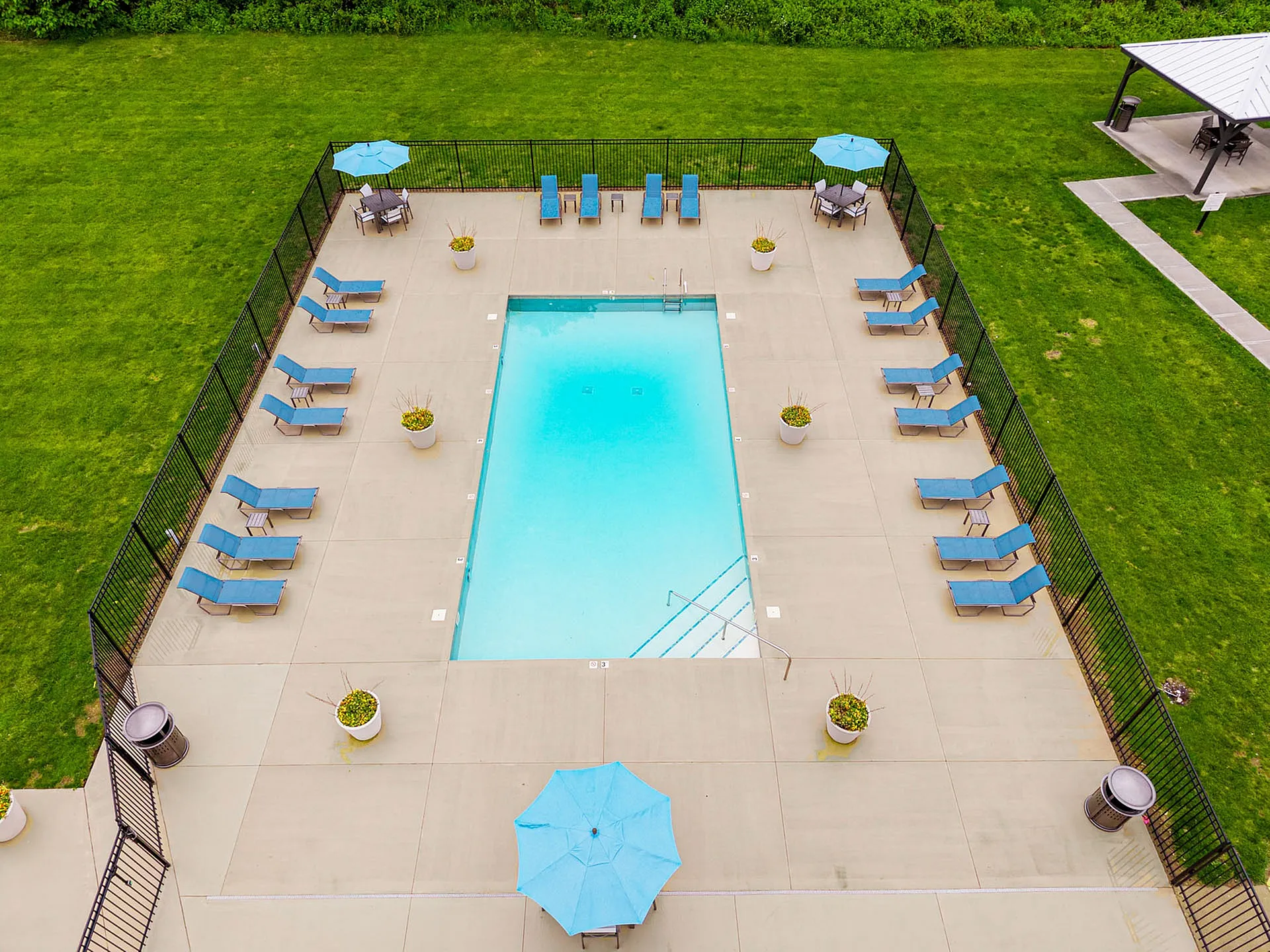 Inviting outdoor pool area with stylish blue lounge chairs, vibrant green lawn, and shaded relaxation spots.