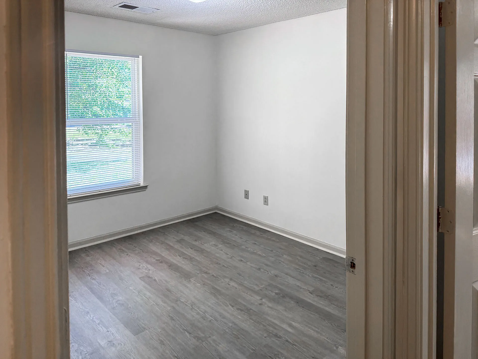Bright and inviting bedroom with large window and elegant hardwood flooring, perfect for personal relaxation.