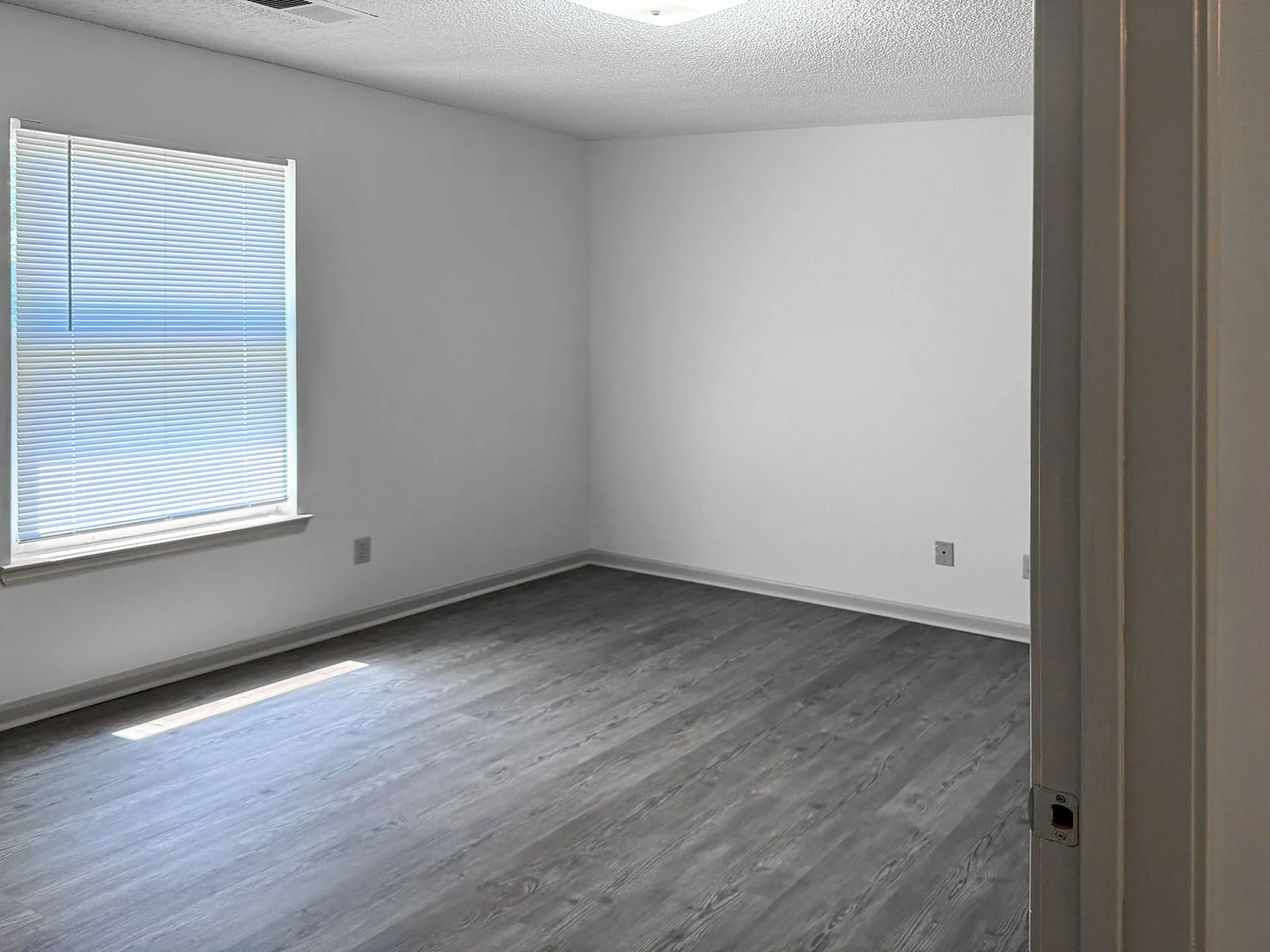 Bright and airy unfurnished room with chic hardwood flooring and a large window providing ample natural light.