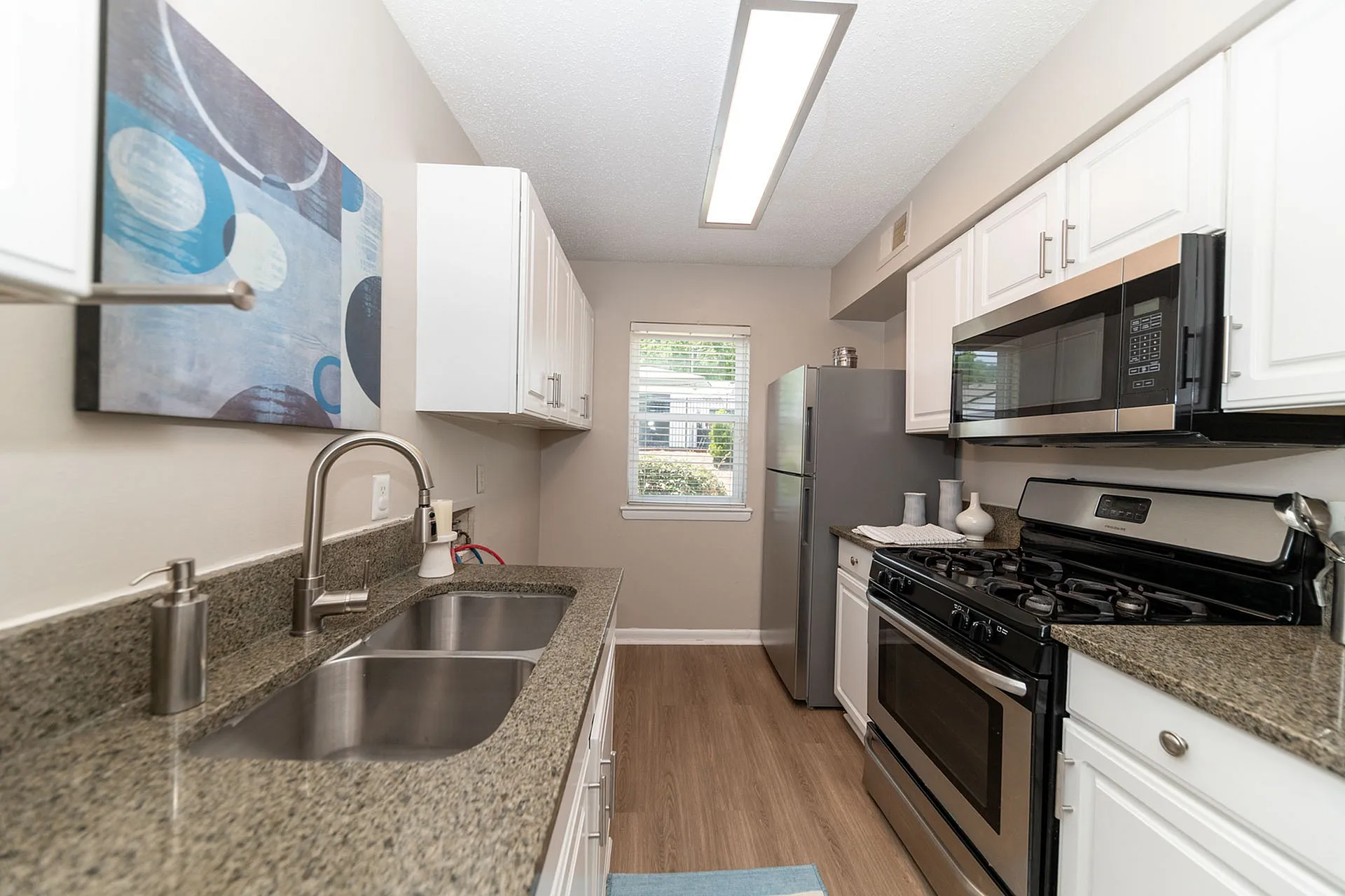 Modern kitchen design with sleek granite countertops, stainless steel appliances, and contemporary art, offering a bright and stylish cooking space.