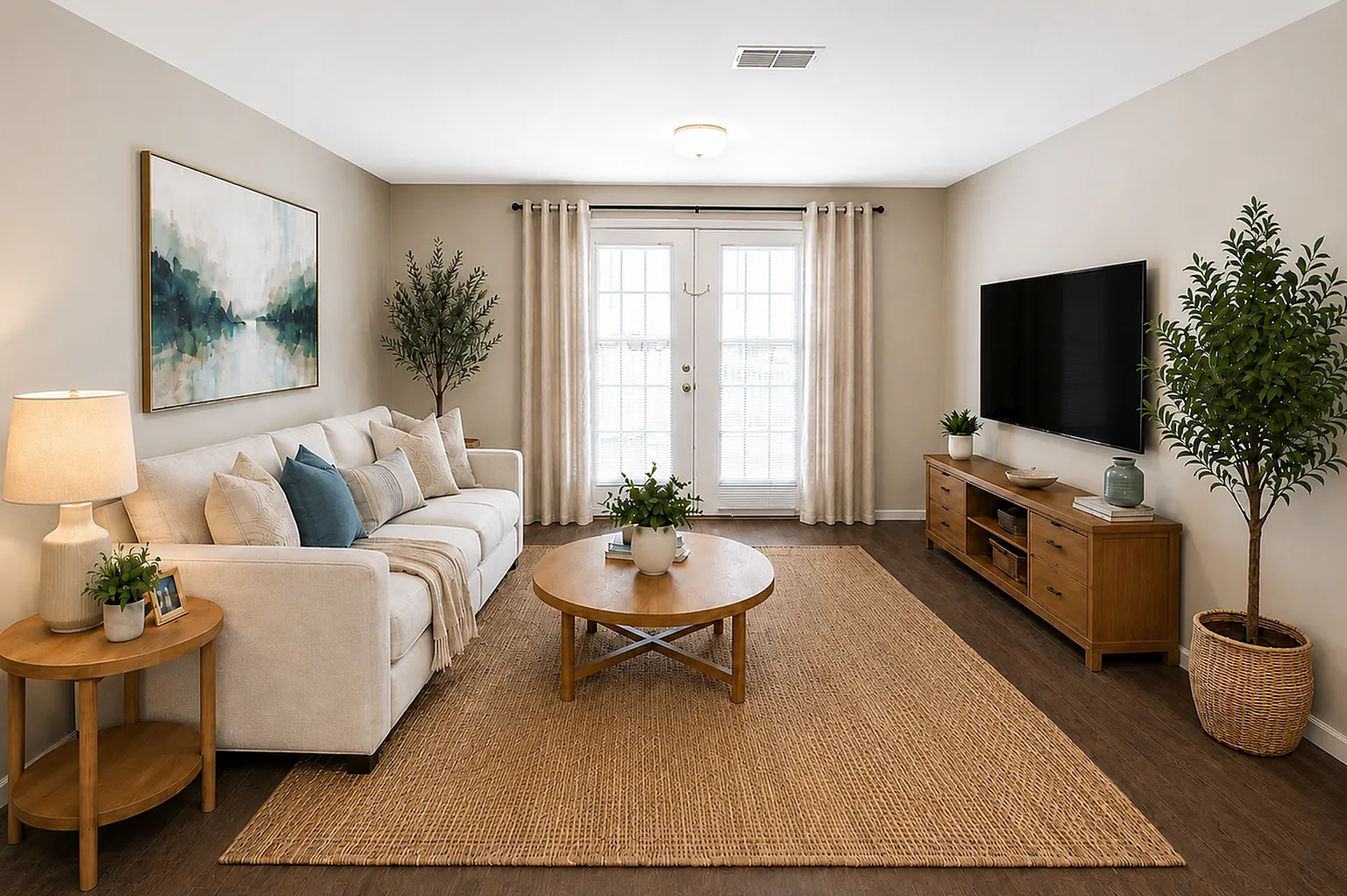 Elegant living room with a cozy white sofa, stylish wooden furniture, and a serene ambiance, highlighted by natural light from large French doors.