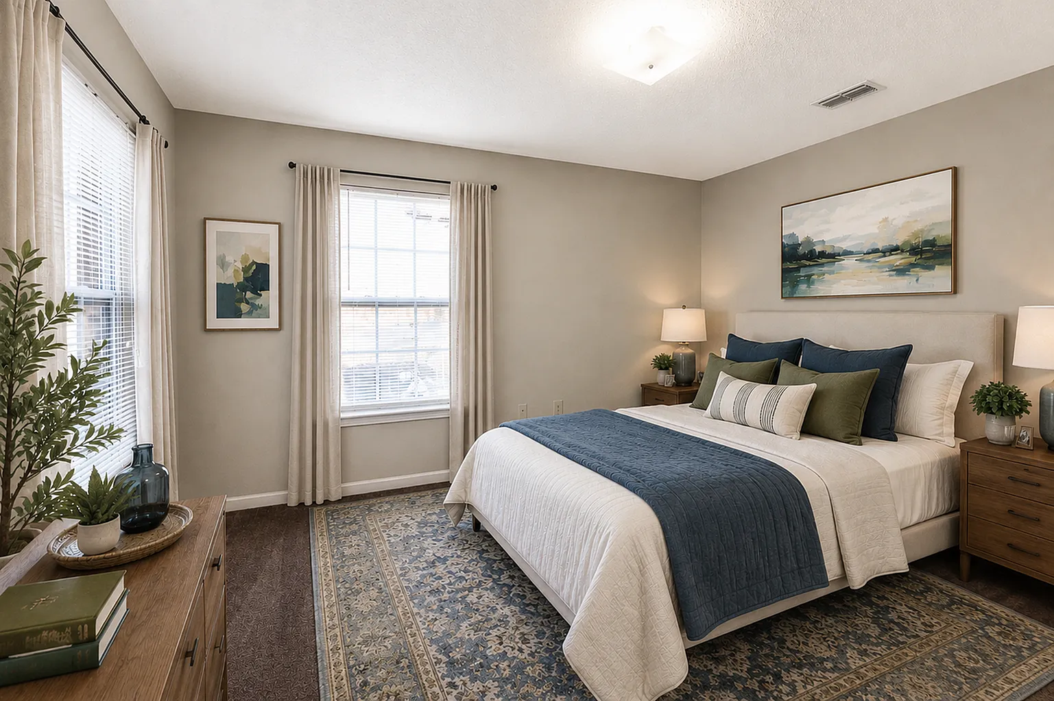 Luxurious bedroom with elegant decor, featuring a plush bed, stylish artwork, and abundant natural light.
