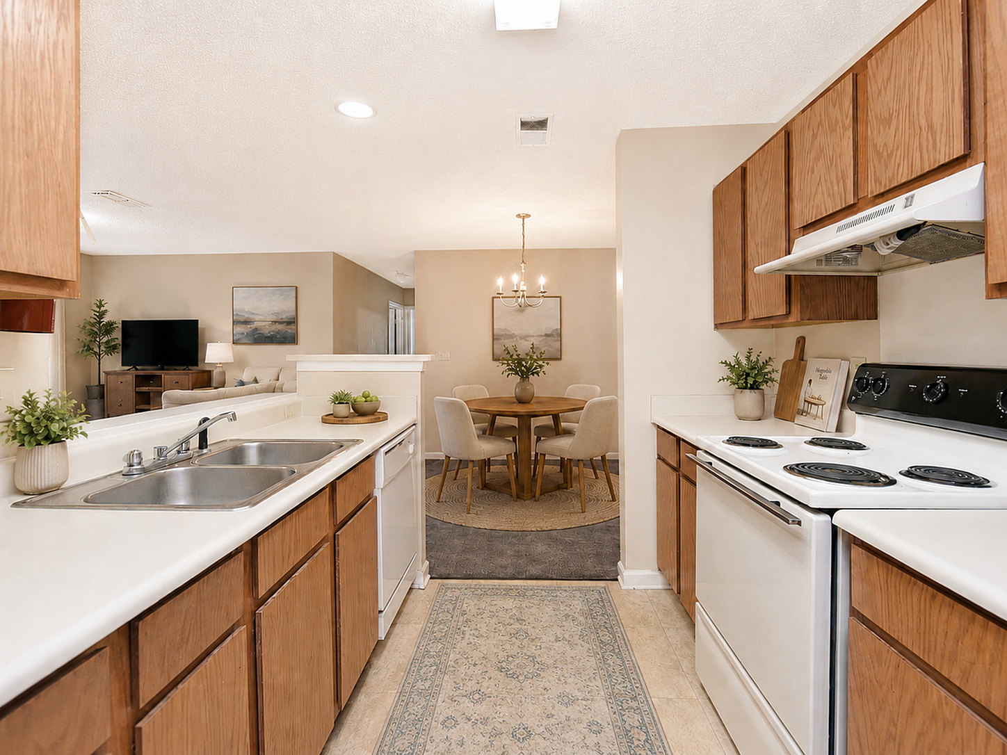 Inviting open-concept kitchen and dining area with modern appliances, warm wood cabinetry, and cozy living space perfect for relaxation and entertaining.