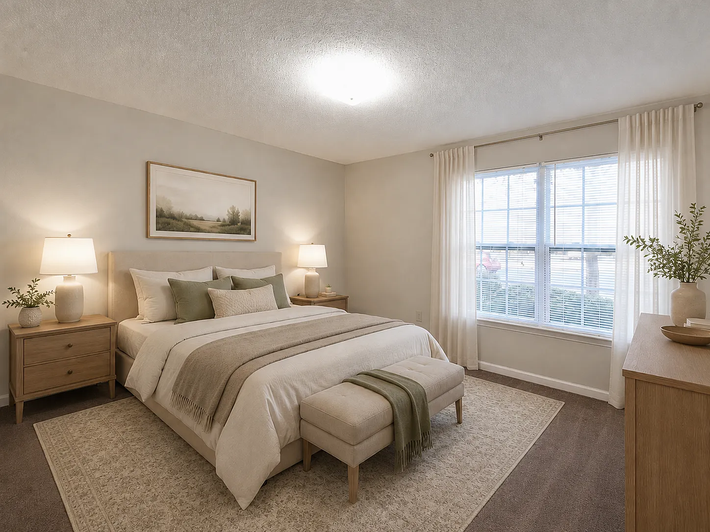 Inviting and serene bedroom with elegant decor, featuring a plush bed, wooden nightstands, and large window for natural light.