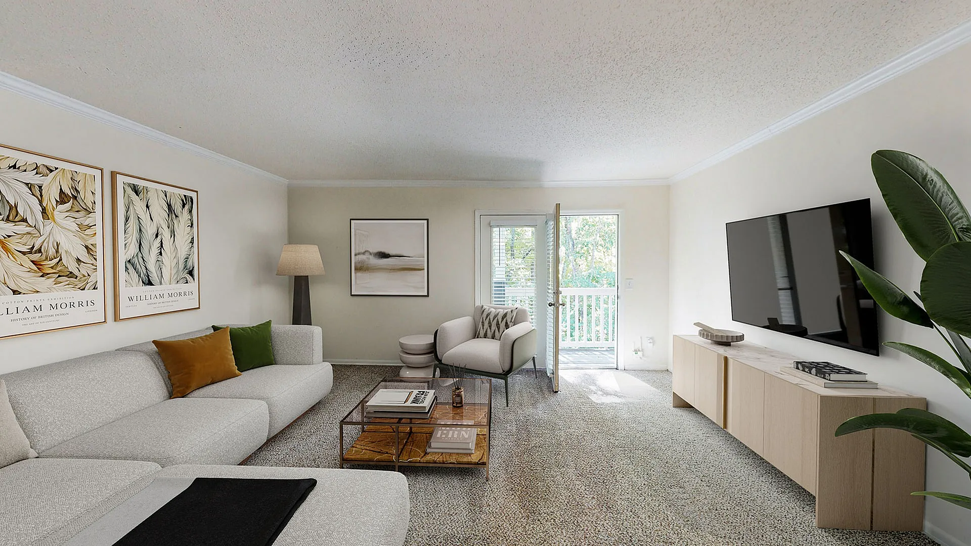 Bright and inviting living room featuring a cozy sectional sofa, elegant floor lamp, and a large flat-screen TV. Natural light streams in from a glass door leading to a scenic balcony, complemented by tasteful wall art and a lush plant for a touch of nature.