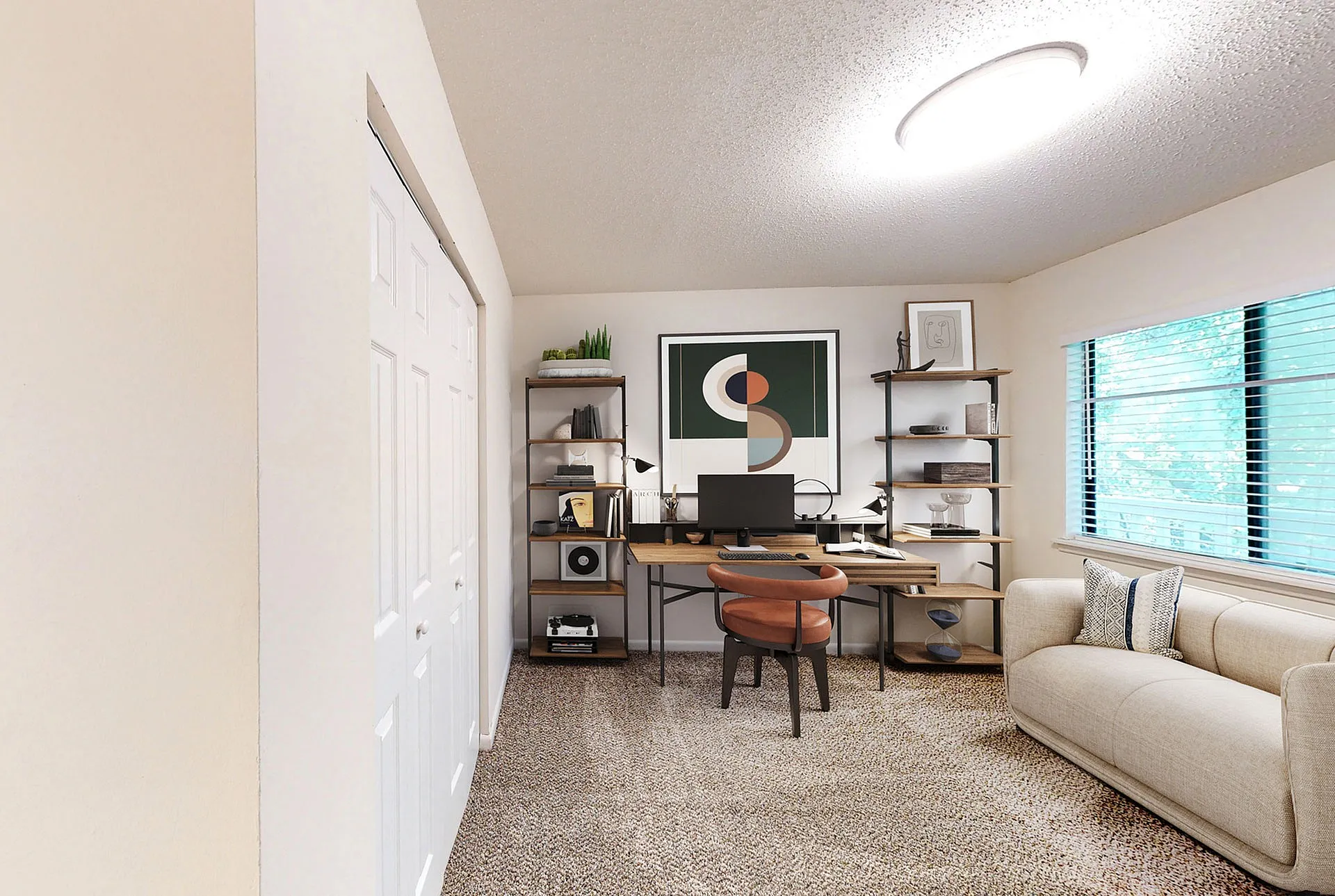 Inviting home office space featuring a sleek wooden desk, stylish decor, and a cozy beige sofa with natural light streaming through large windows.