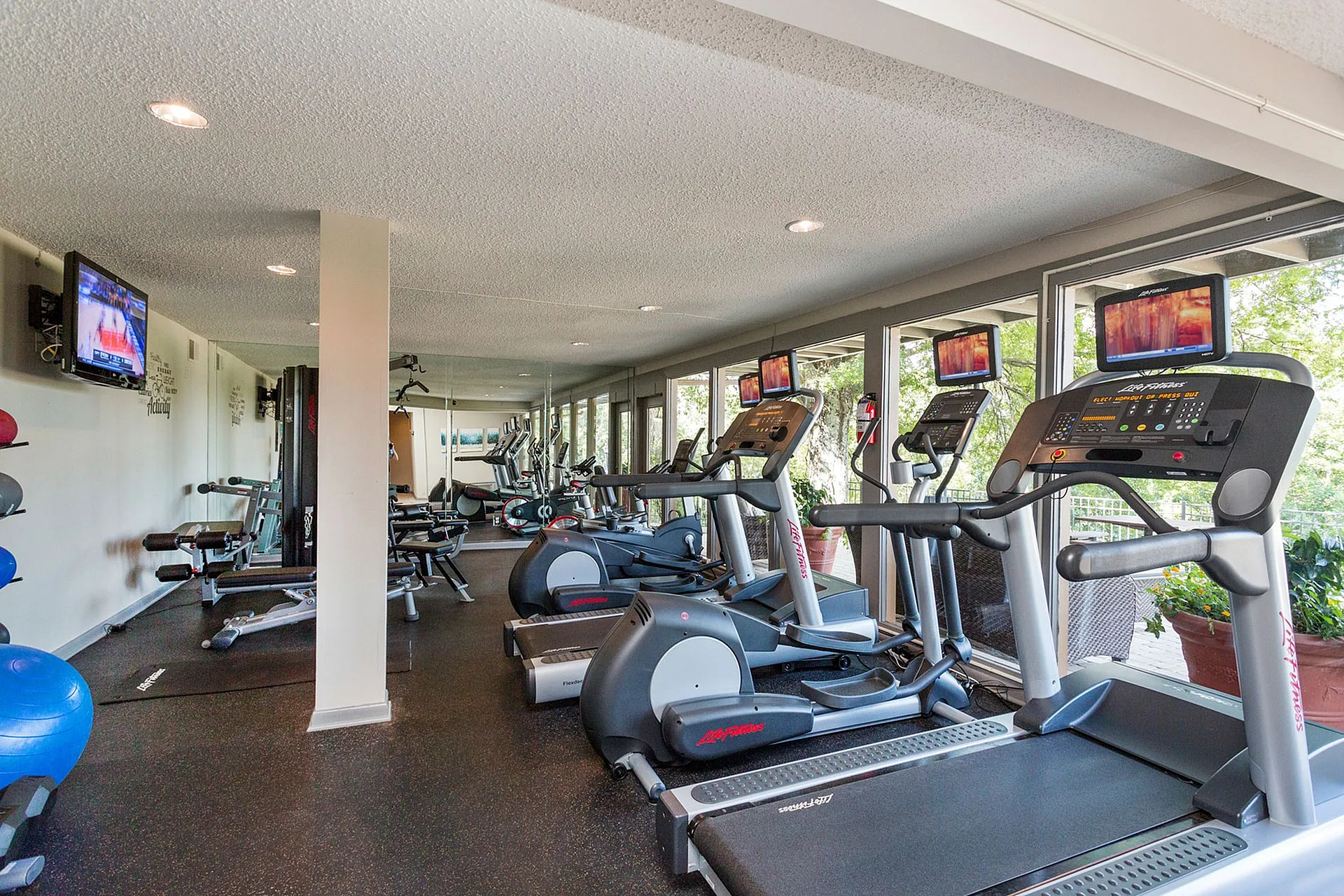 Bright, modern apartment gym featuring state-of-the-art cardio equipment, large mirrors, and vibrant outdoor views.