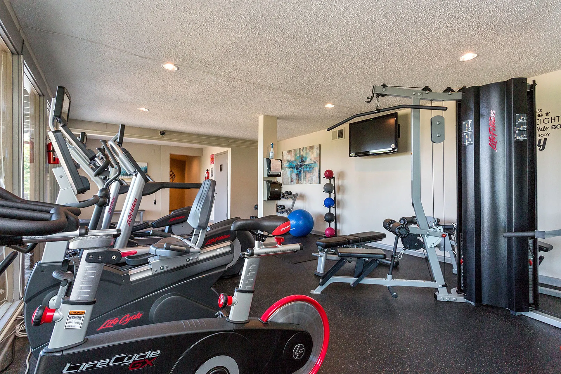 Modern fitness center equipped with state-of-the-art cardio machines, weights, and exercise equipment for an invigorating workout experience.