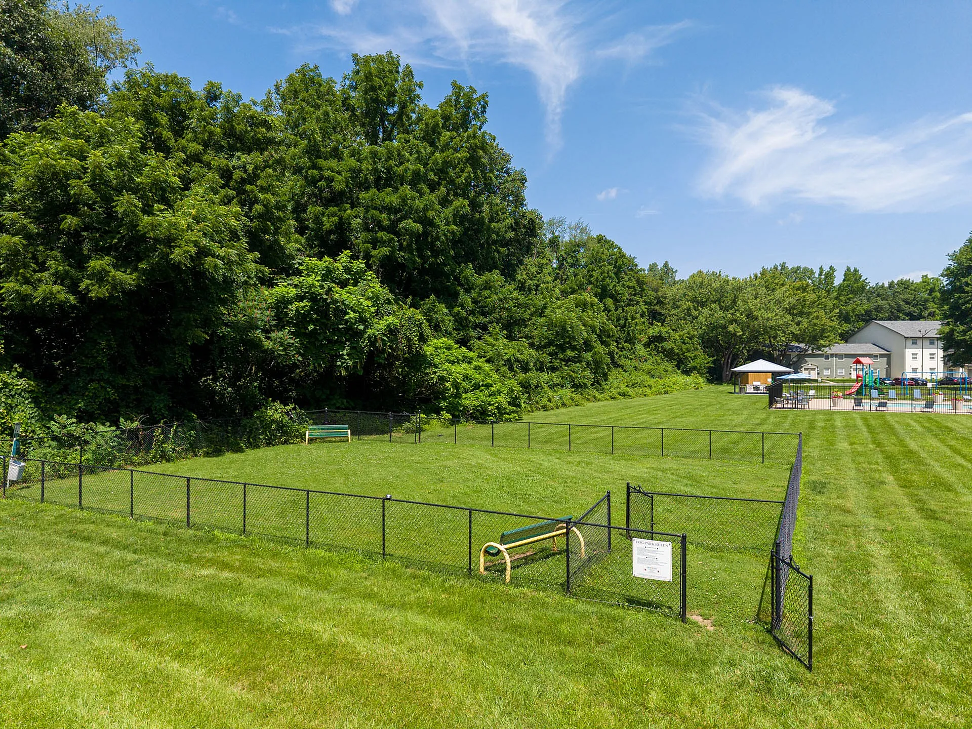 Lush green fenced-in dog park adjacent to a vibrant playground, nestled by a grove of trees and open blue skies.