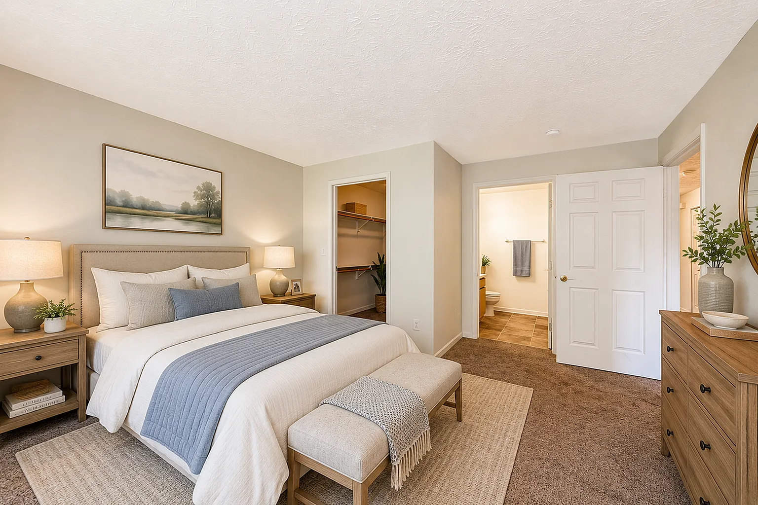 Elegant master bedroom with cozy beige tones, highlighting a plush bed with soft cushions, stylish bedside tables, and a walk-in closet. Convenient en-suite bathroom adds luxury.