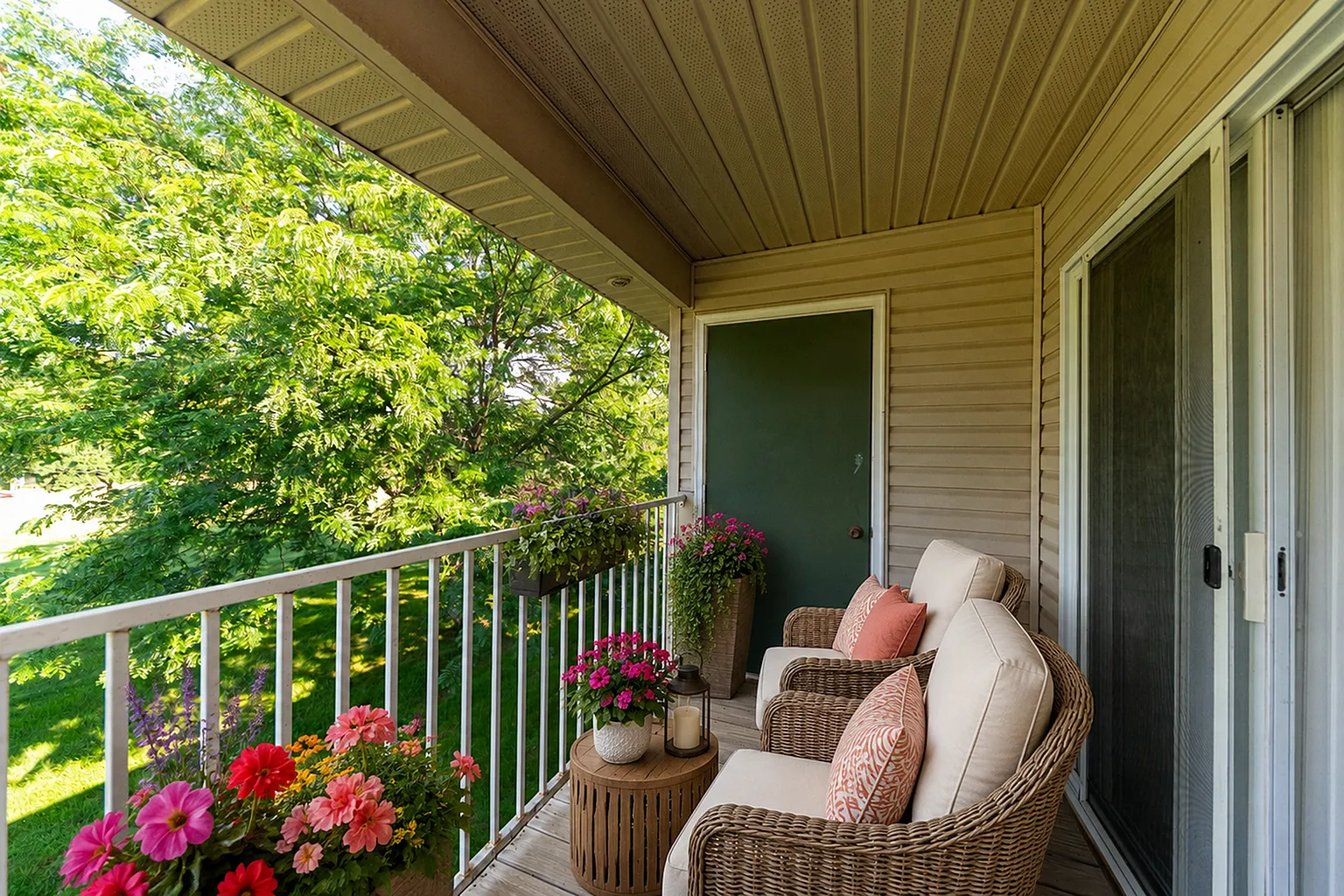 Charming balcony with cozy wicker chairs, vibrant flower arrangements, and a lush green view.