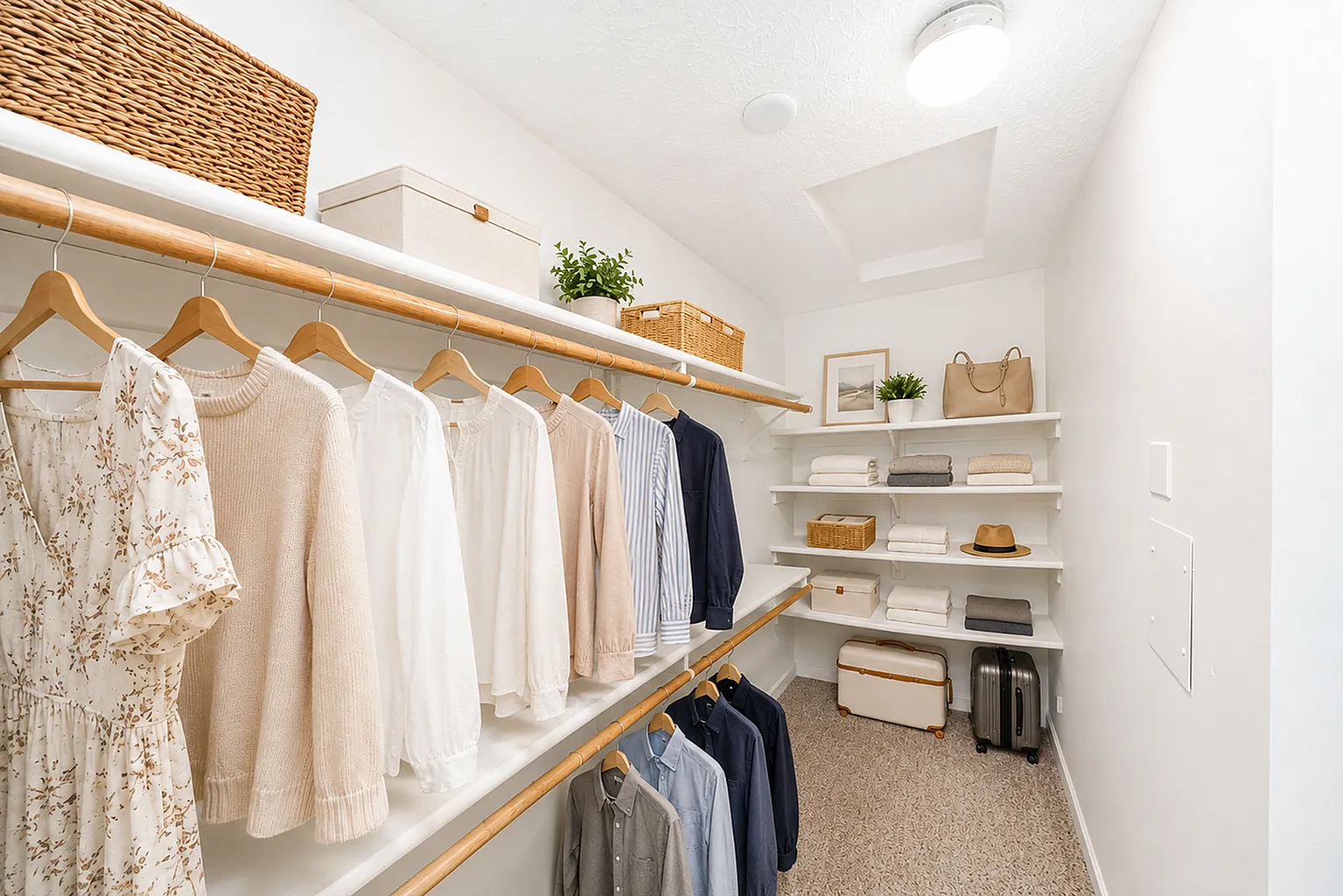 Immaculate walk-in closet featuring organized hanging clothes, luxurious storage baskets, and stylish accessories on shelves.