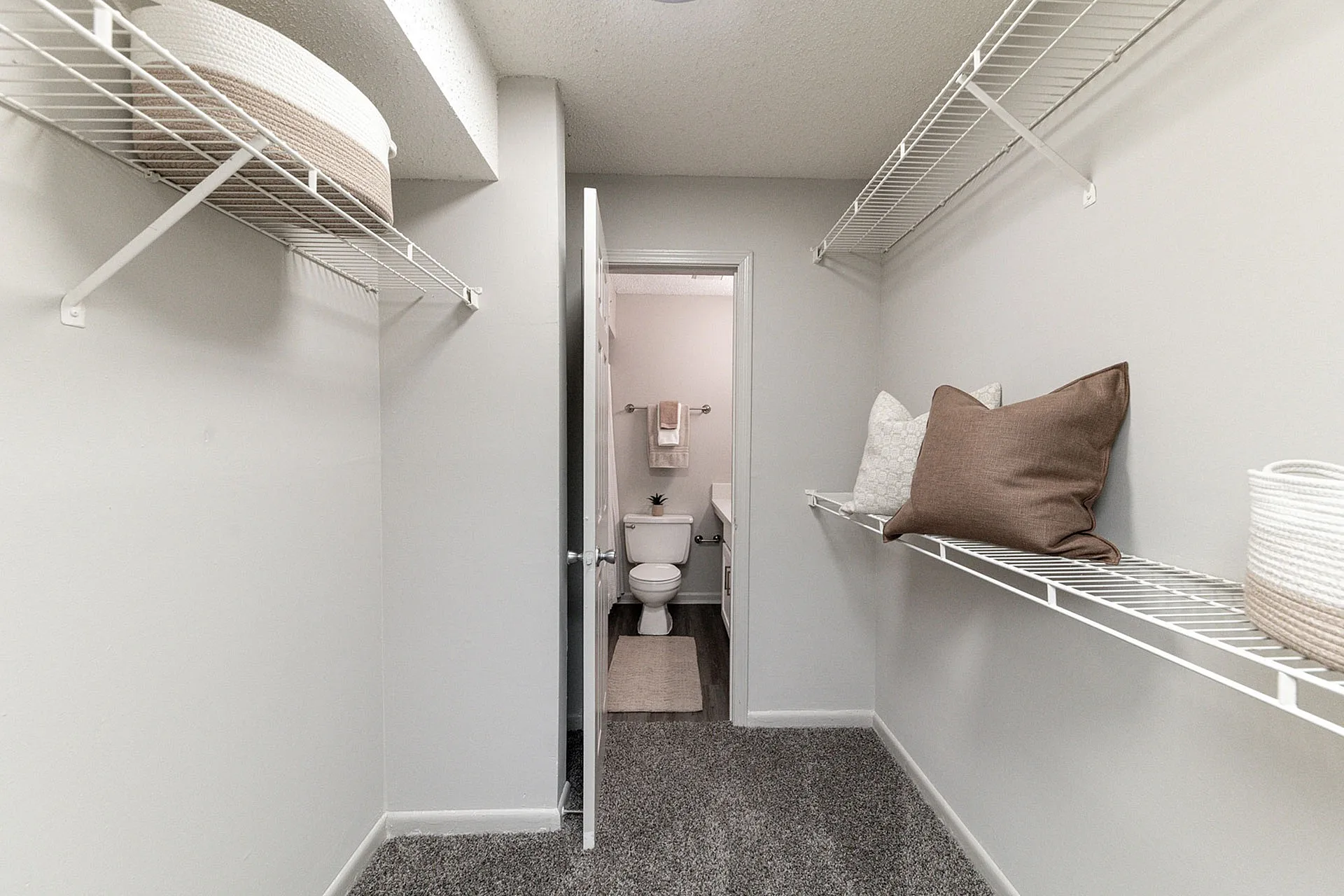 Spacious walk-in closet with organized shelving, plush carpeting, and an adjoining private bathroom, ideal for luxury apartment living.