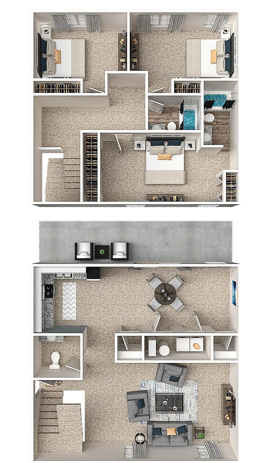 Elegant 3D floor plan showcasing three bedrooms and open living areas with contemporary furnishings.