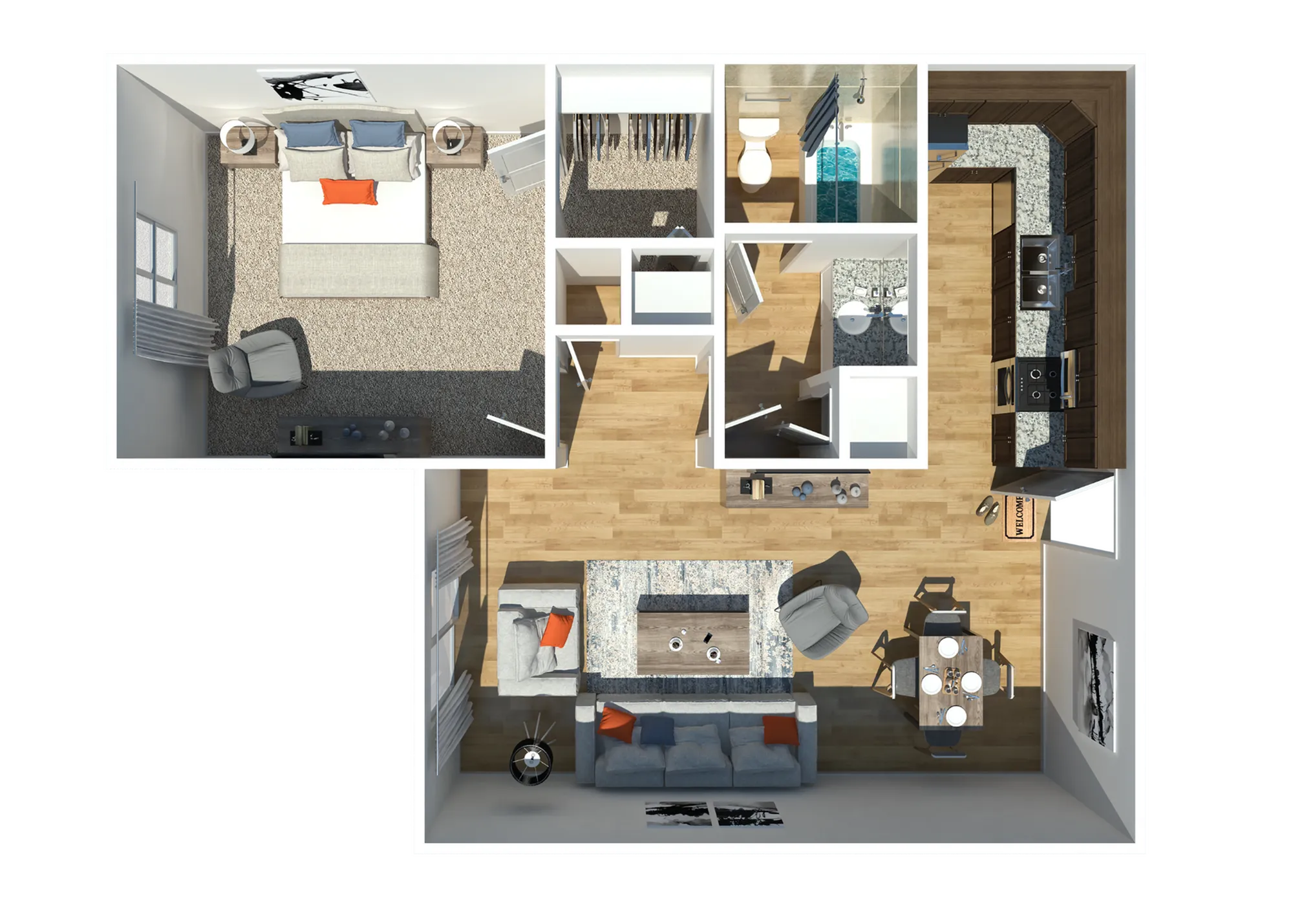 3D floor plan featuring a spacious bedroom, open living area, modern kitchen, and dual bathrooms.
