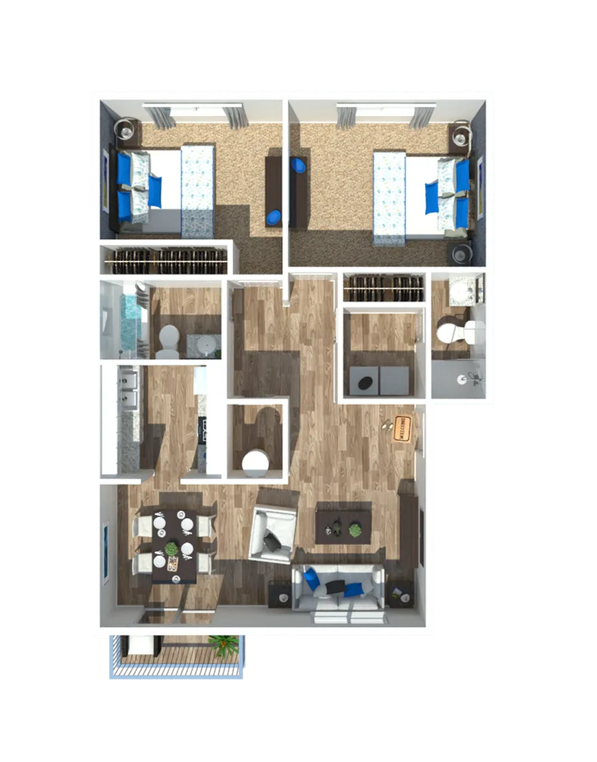 Stylish floor plan showcasing two bedrooms, a modern kitchen, and an open living area with a dining space.
