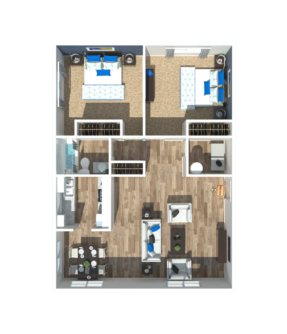 3D floor plan depicting a two-bedroom apartment with open living and dining areas.