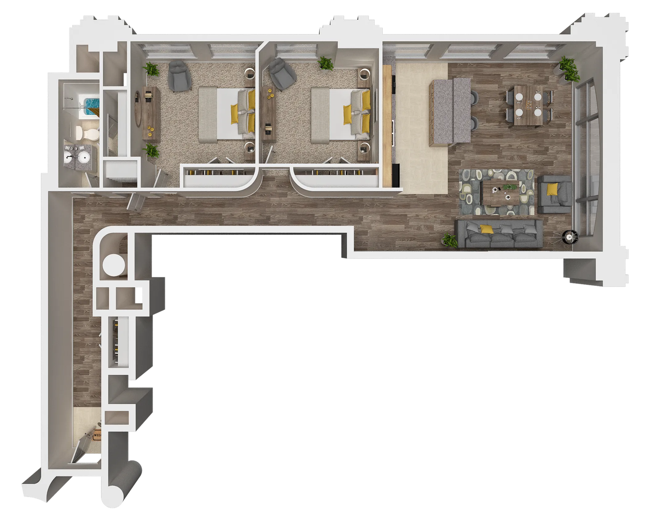 Sophisticated 3D floor plan illustrating two bedrooms, an open living and dining area, with a modern kitchen design.
