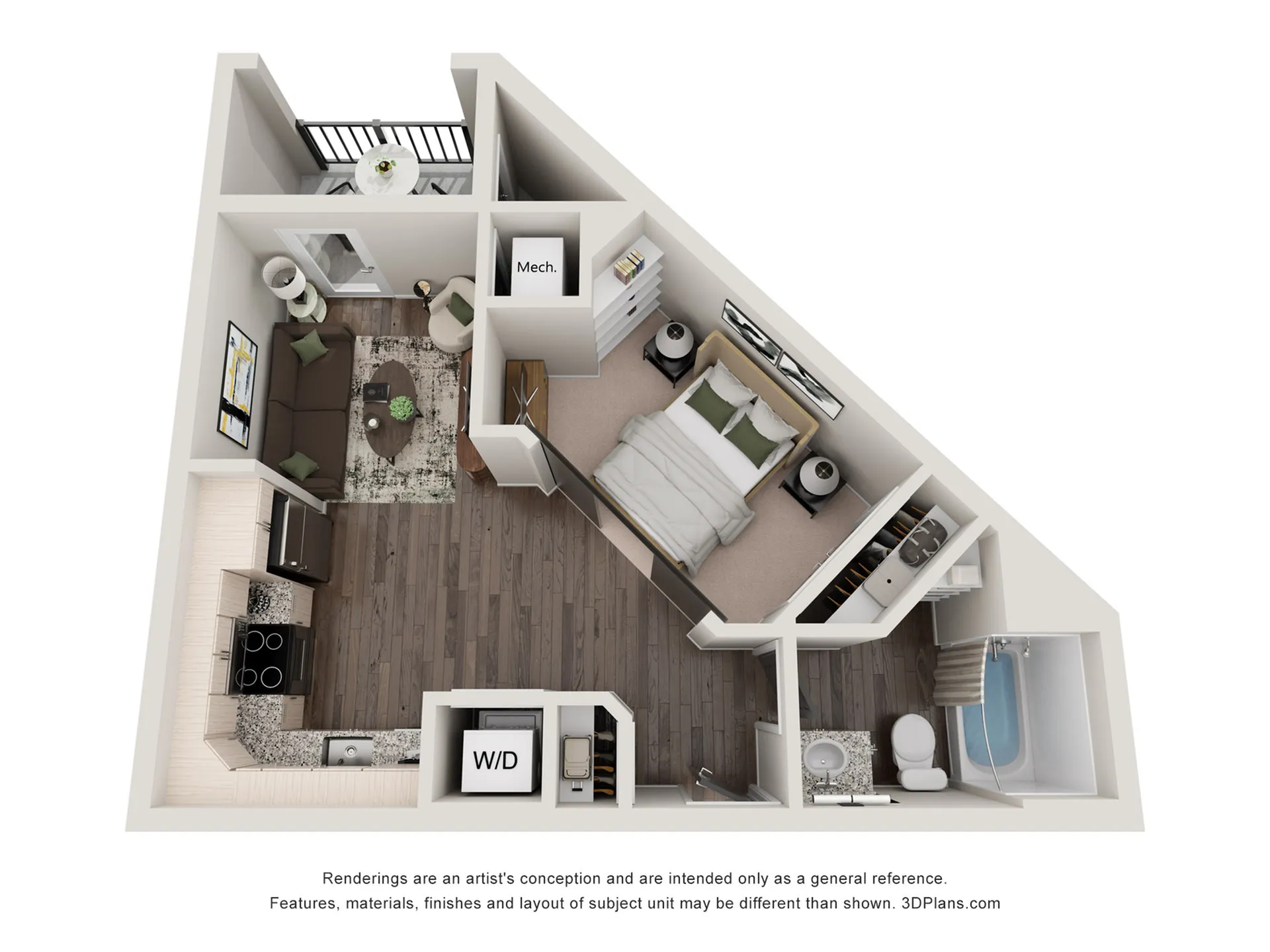 Modern 3D floor plan showcasing a cozy 1-bedroom apartment with open-concept living and dining area, sleek kitchen, stylish bathroom, and a private balcony retreat.