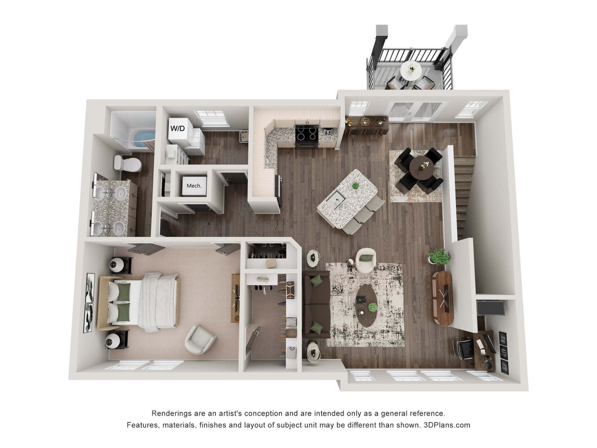 Modern 3D floor plan showcasing a spacious 1-bedroom apartment with open-concept living area, gourmet kitchen, and private balcony.