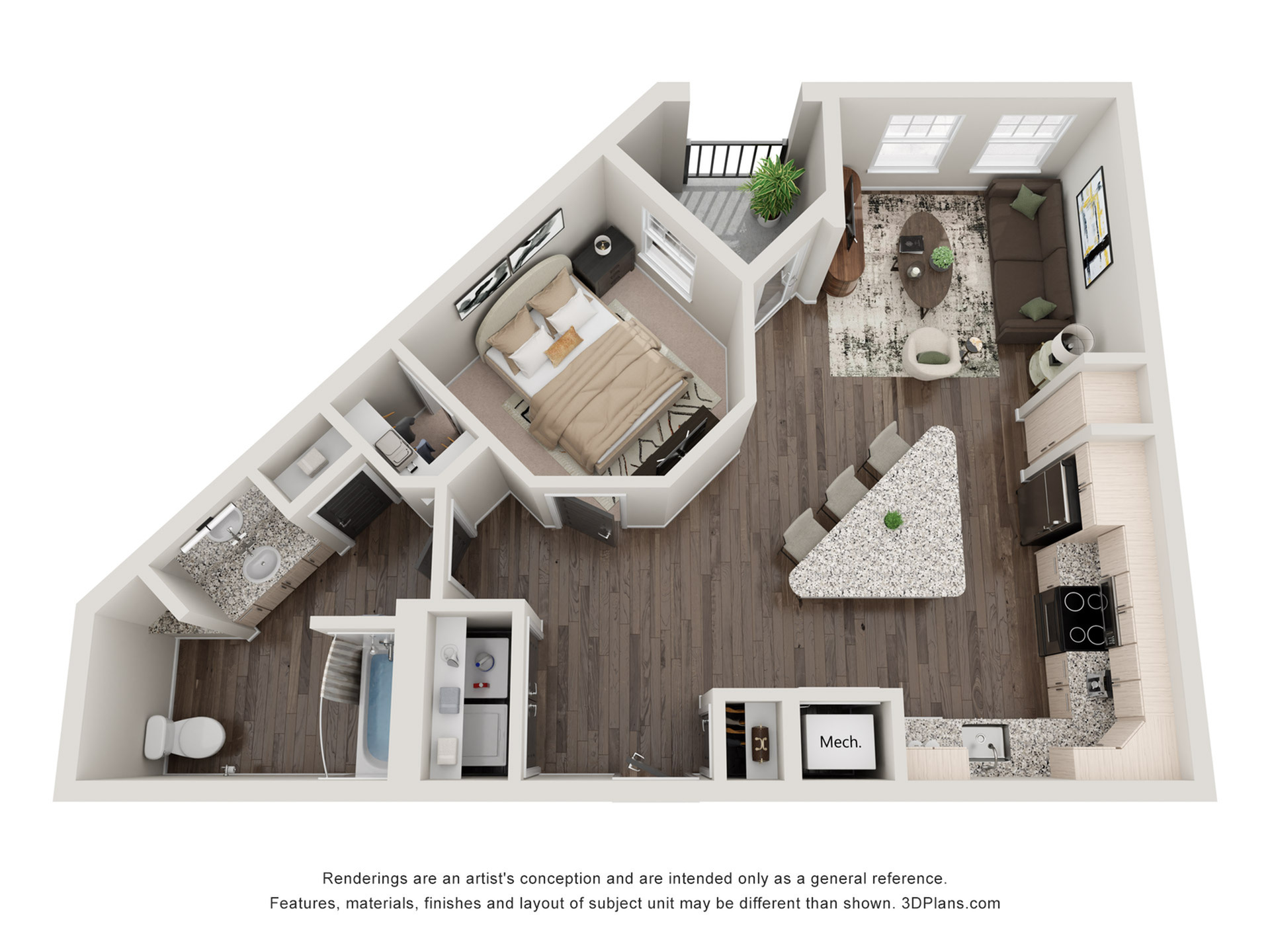 Modern 3D floor plan showcasing a chic one-bedroom apartment with an open living and kitchen area, elegant bathroom, and private balcony, perfect for stylish urban living.