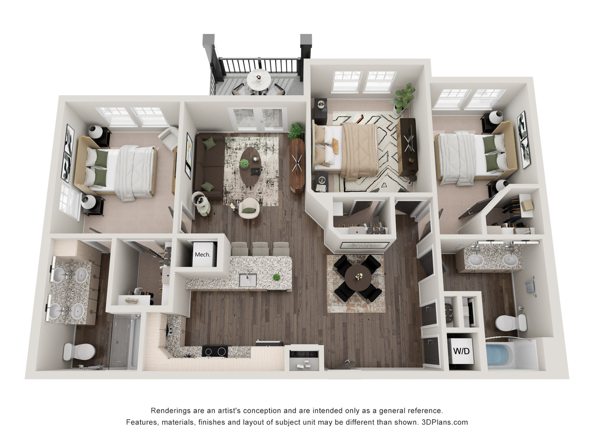 Modern 3D floor plan featuring three bedrooms, an open-concept kitchen with an island, cozy living area, stylish dining space, and two elegant bathrooms. Includes a private balcony for outdoor enjoyment.