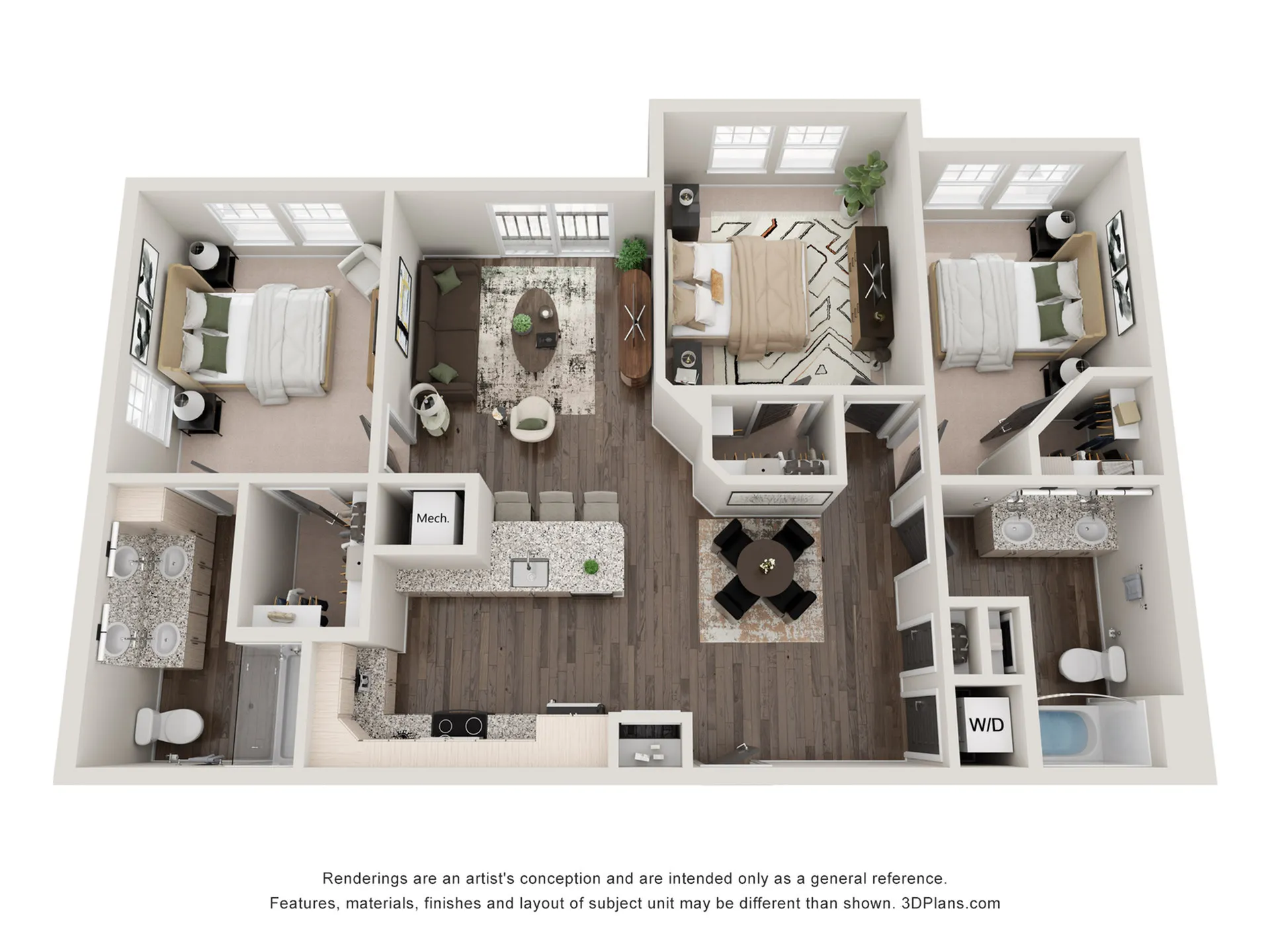 Modern 3D floor plan showcasing three bedrooms, an elegant living space, and a sleek kitchen with granite countertops. Includes two stylish bathrooms and a cozy dining area.