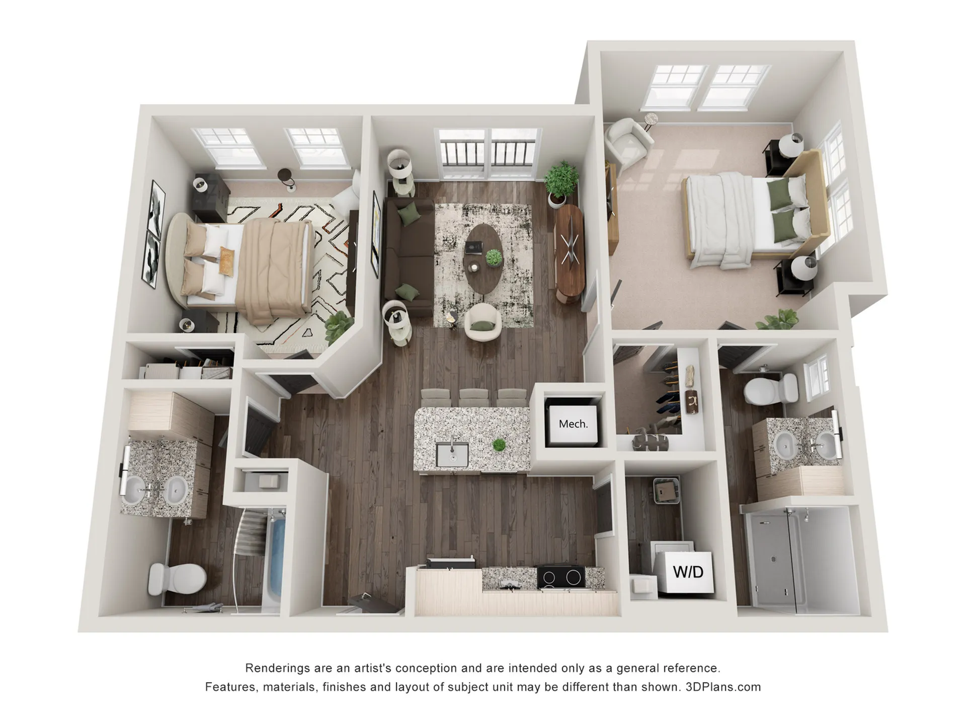 Chic 3D floor plan showcasing 2 bedrooms, open-concept living area, modern kitchen with island, and stylish bathrooms. Ideal for contemporary living.