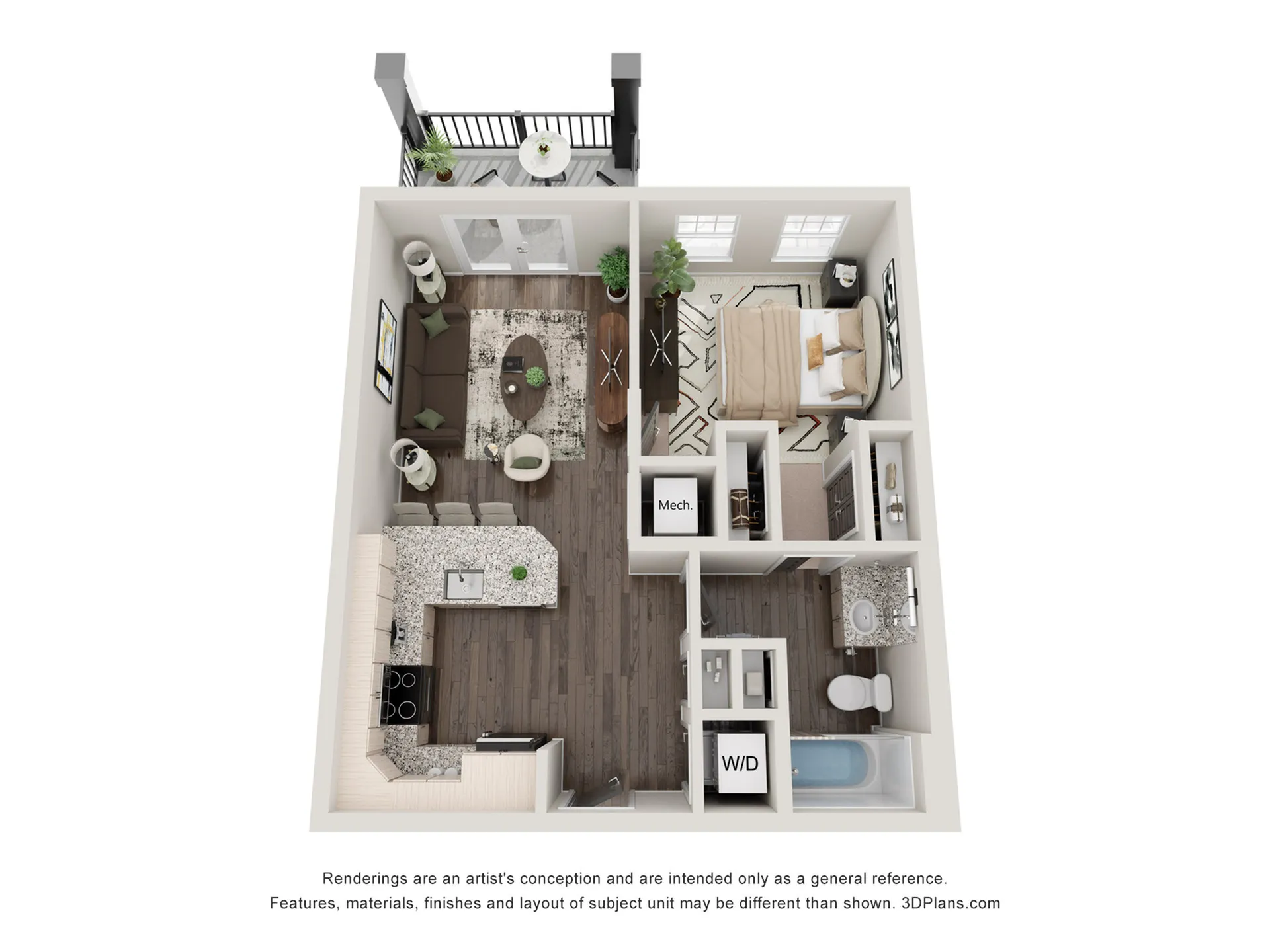 Modern 1-bedroom apartment layout featuring an open living area, chic kitchen with granite countertops, and a private balcony.