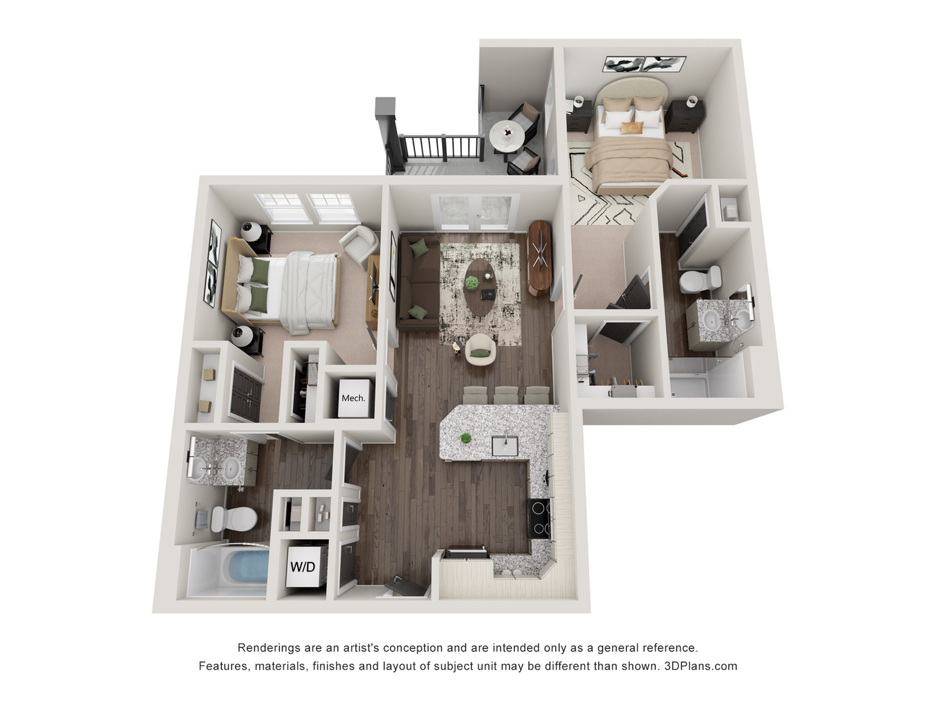 Charming 3D floor plan highlighting a cozy 2-bedroom apartment with modern kitchen, airy living room, and two stylish bathrooms.