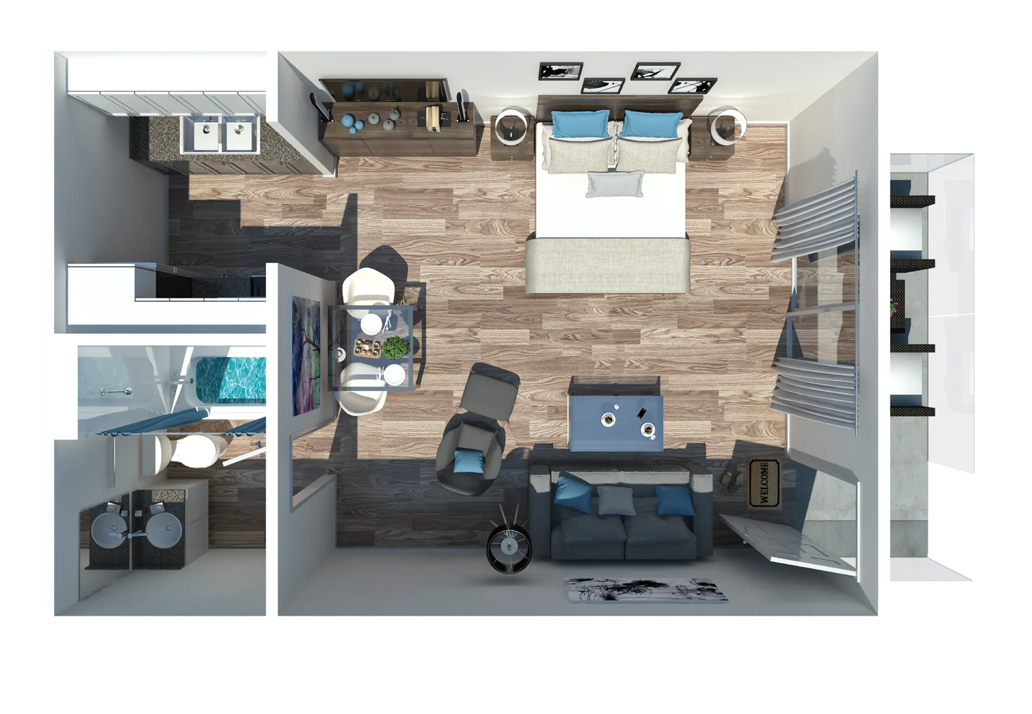 Contemporary 3D apartment floor plan featuring a spacious open-concept design with a large bedroom, modern kitchen, and luxurious living area with stylish decor.