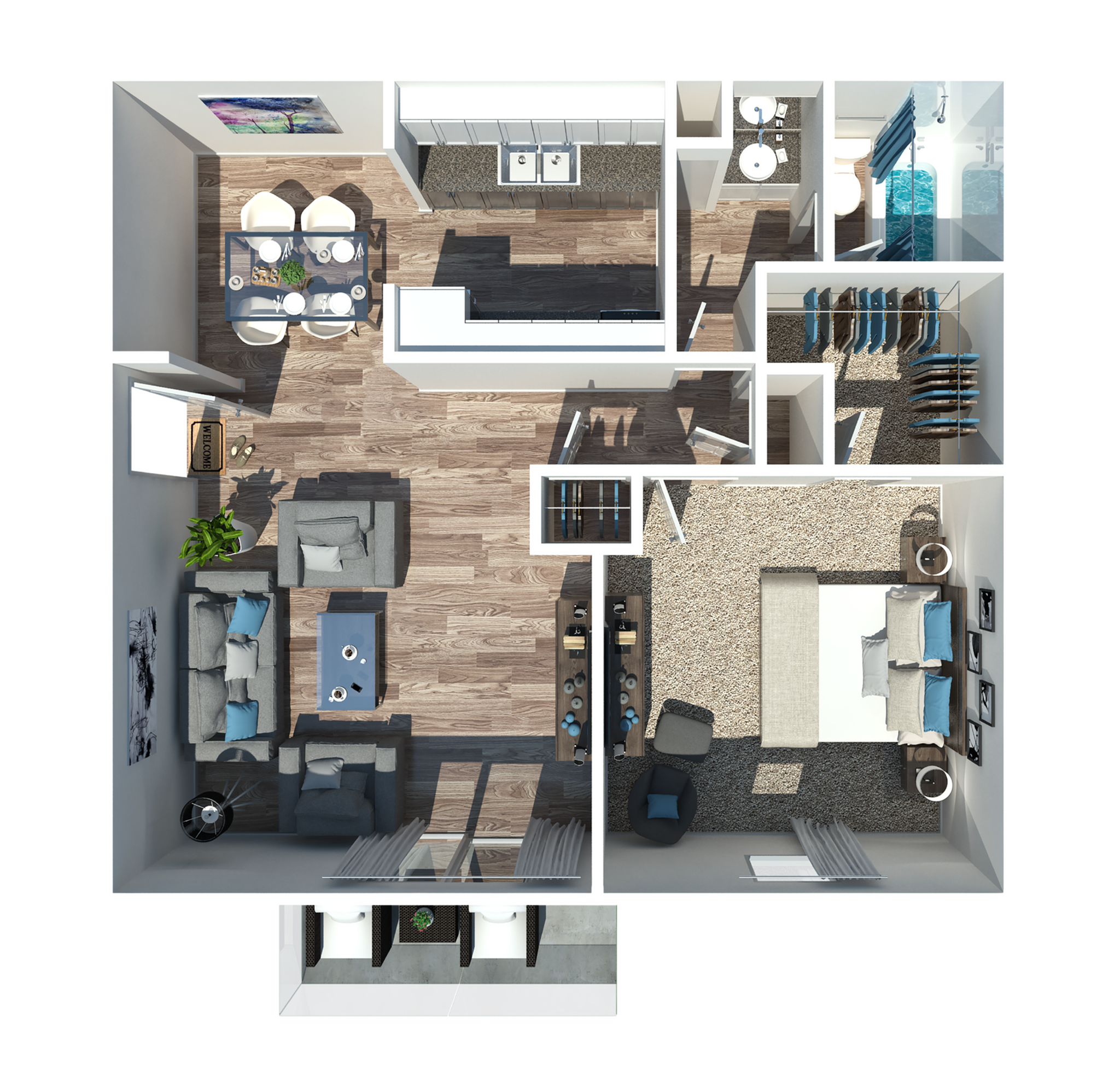 Modern 2D floor plan showcasing an open-plan living and dining area, sleek kitchen, spacious bedroom, and elegant bathroom.
