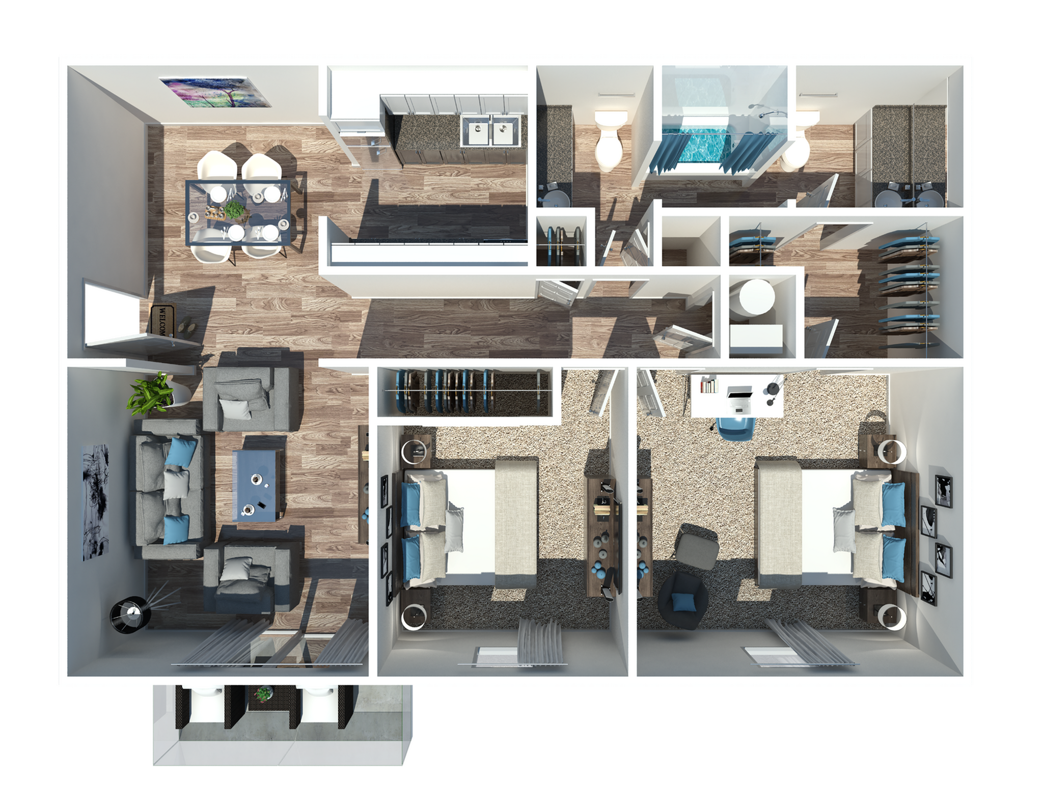 Modern 3D floor plan featuring two cozy bedrooms, elegant living room, sleek kitchen with dining area, and two stylish bathrooms. Inviting space with contemporary design.