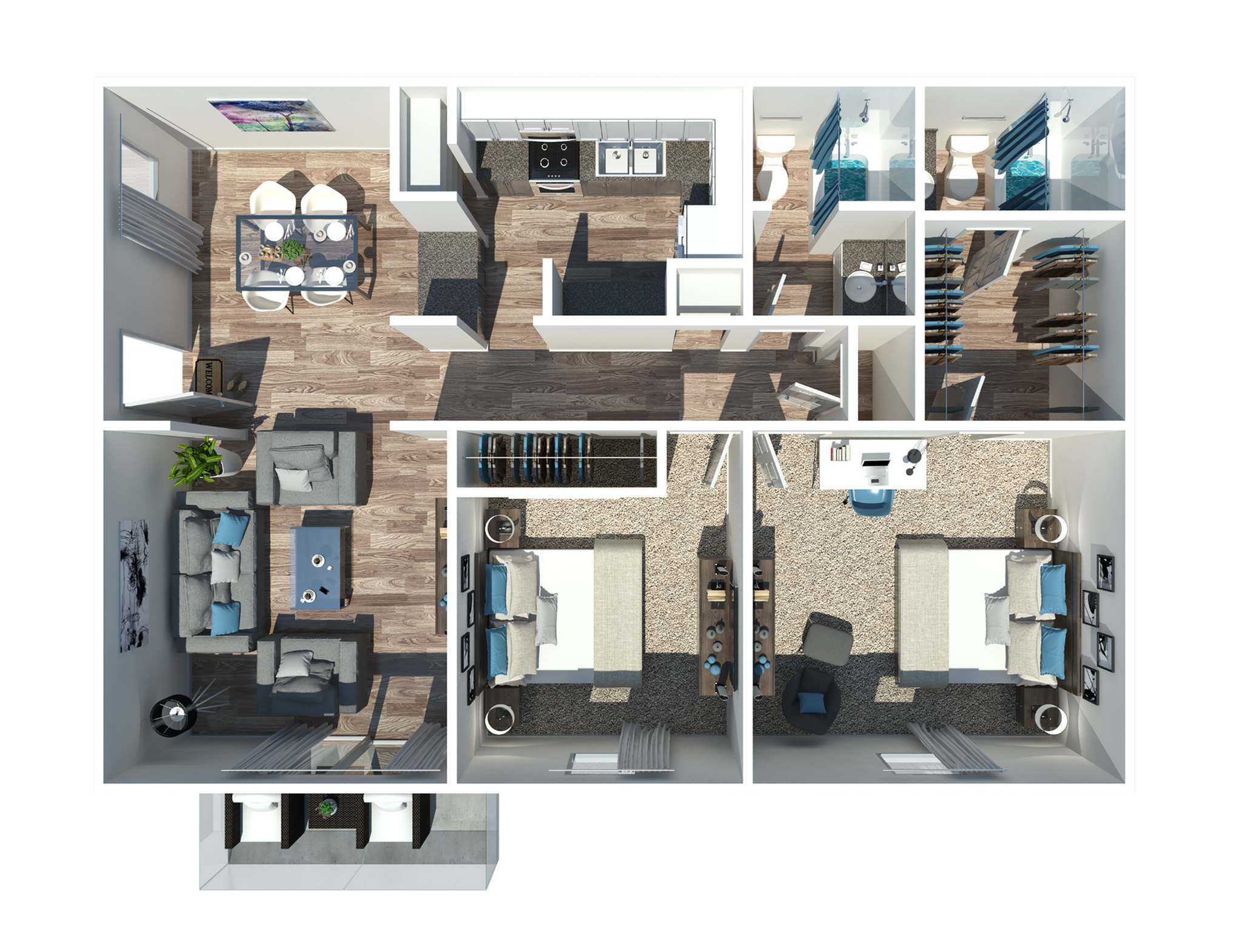Modern 3D floor plan showcasing two cozy bedrooms, spacious living room, elegant dining area, and sleek kitchen, highlighting optimal use of space and stylish design.