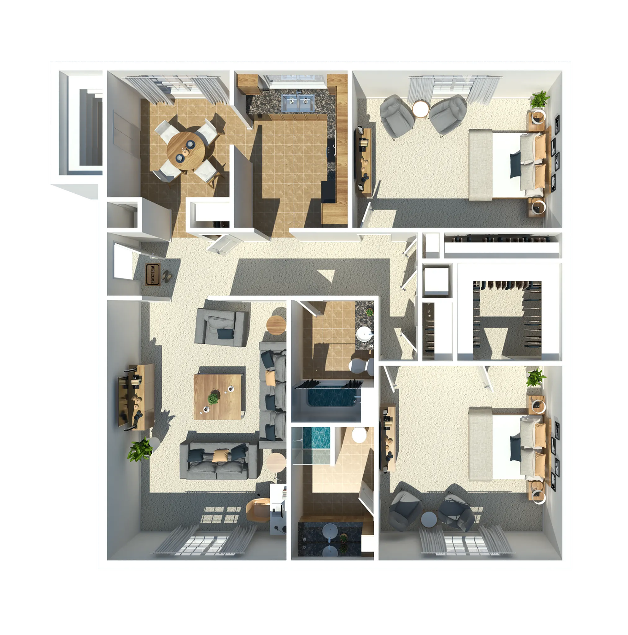 Modern 2D floor plan featuring 2 bedrooms, spacious living area, sleek kitchen, and cozy dining nook.