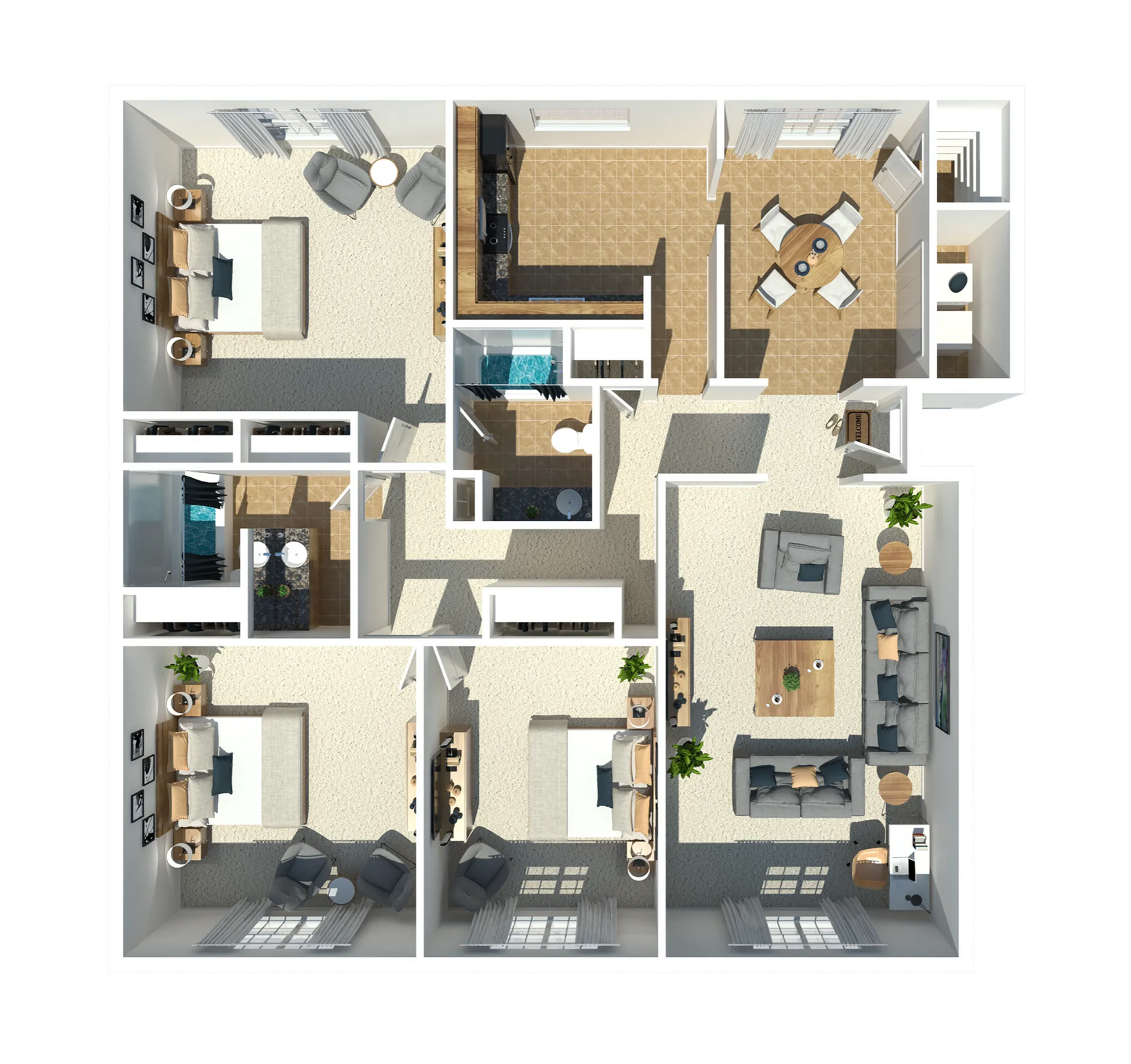 Chic 3D floor plan showcasing 3 bedrooms, a cozy living room, and an elegant dining area, perfect for modern living.