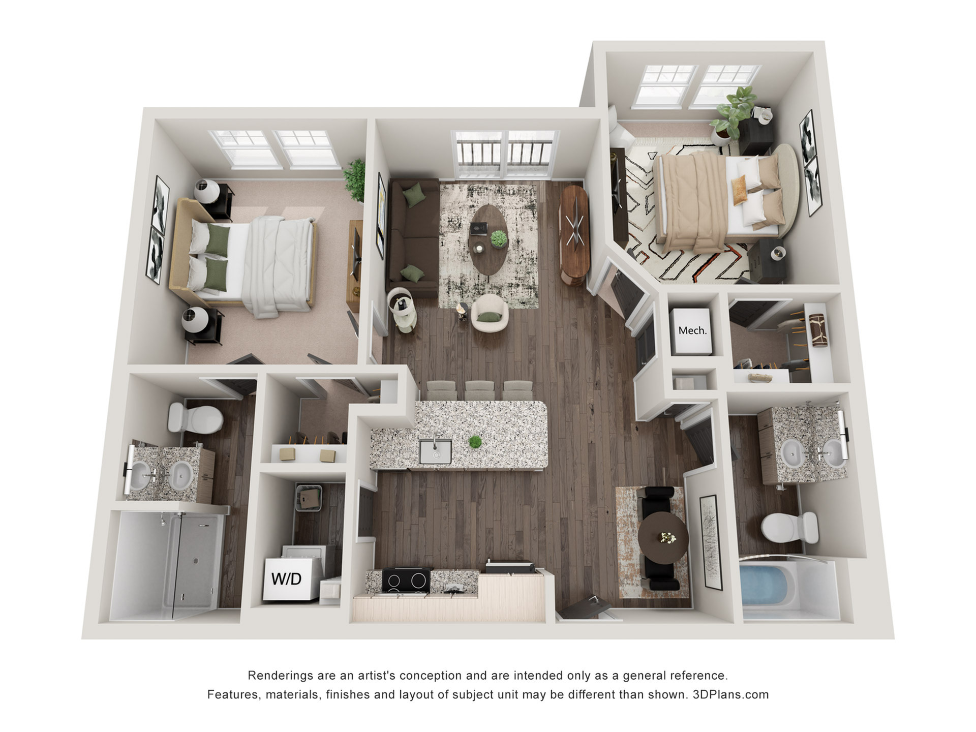 Modern apartment floor plan with 2 bedrooms, an open-concept living area, sleek kitchen, and two stylish bathrooms.