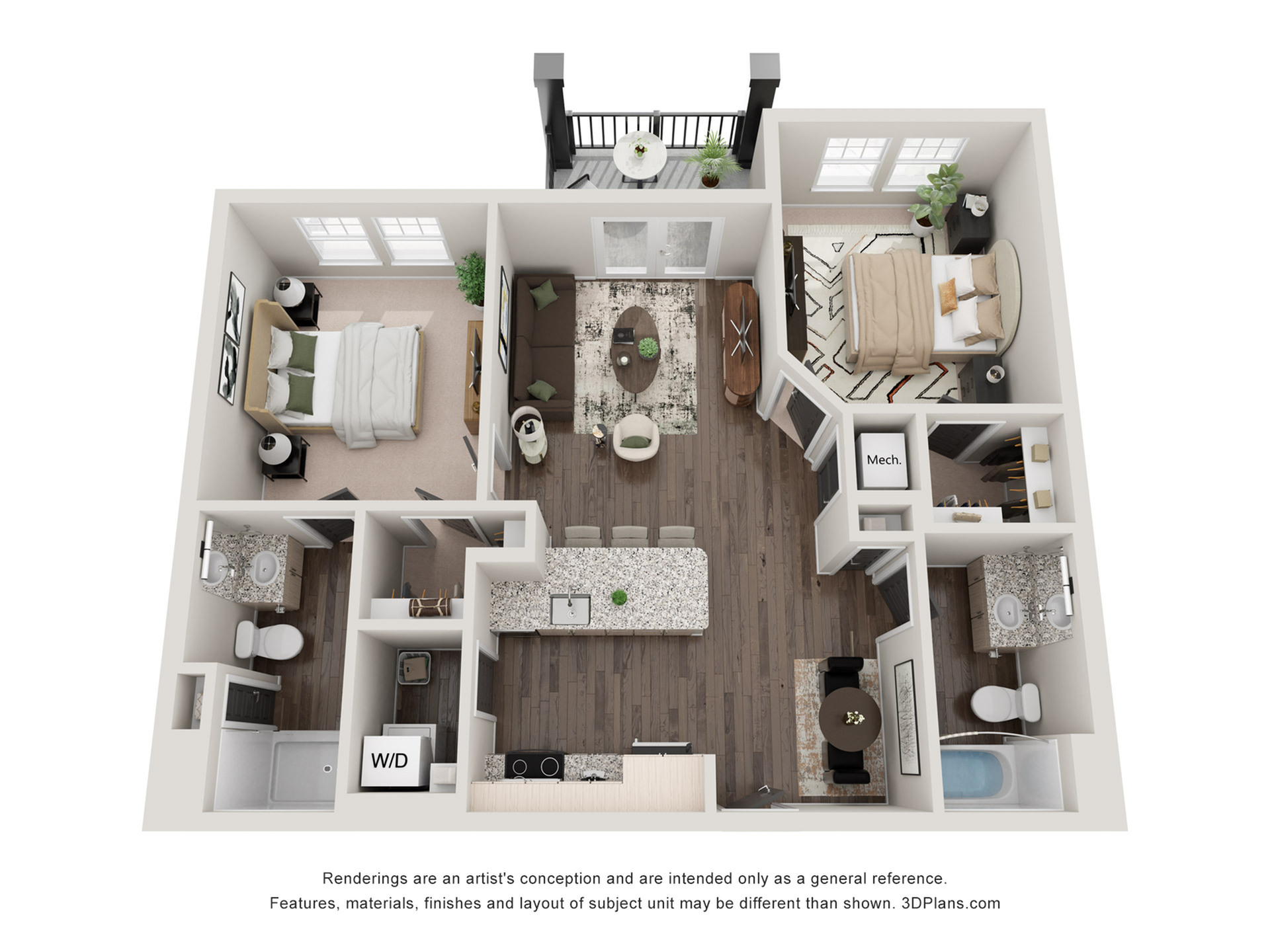 Modern 3D floor plan showcasing 2 bedrooms, sleek kitchen with island, and stylish open-concept living area with balcony view.