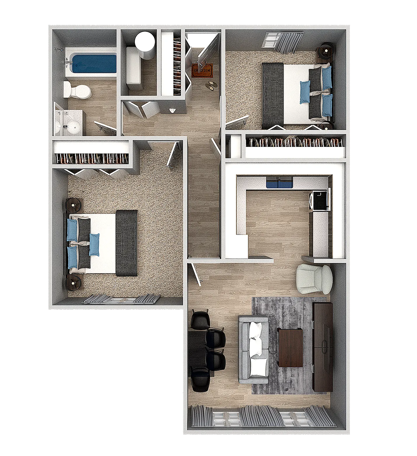 Chic 2D apartment floor plan showcasing 2 cozy bedrooms, a sleek kitchen, spacious living area, and modern bathroom layout.