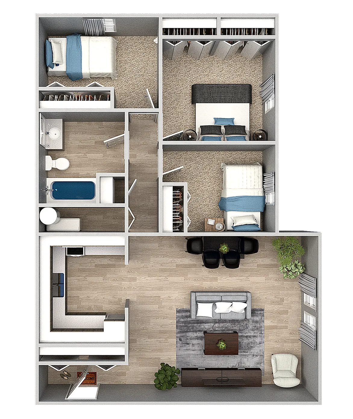 Elegant 3D floor plan featuring 3 bedrooms, a spacious living room, modern kitchen, and a stylish bathroom, ideal for contemporary living.