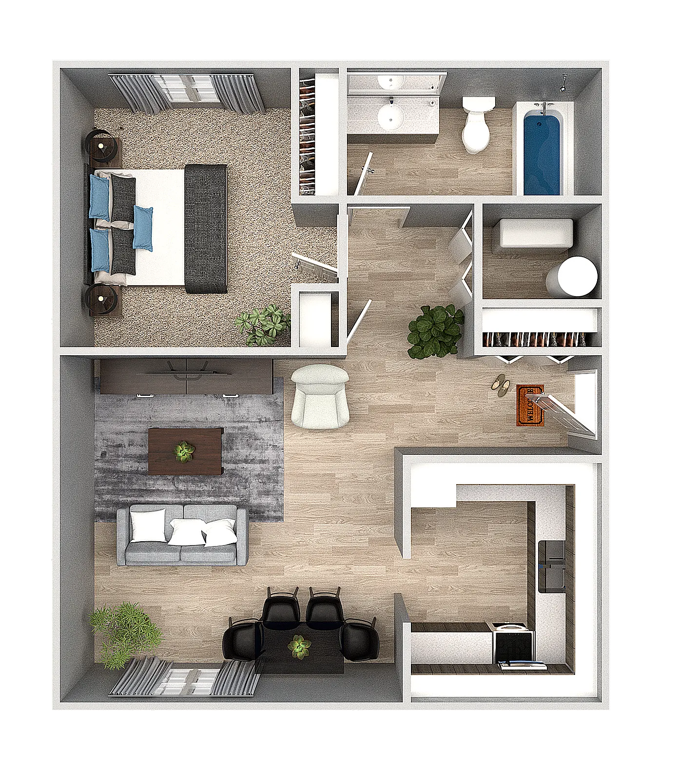 Chic 2D floor plan showcasing a 1-bedroom apartment with an open living room, modern kitchen, and well-appointed bathroom.