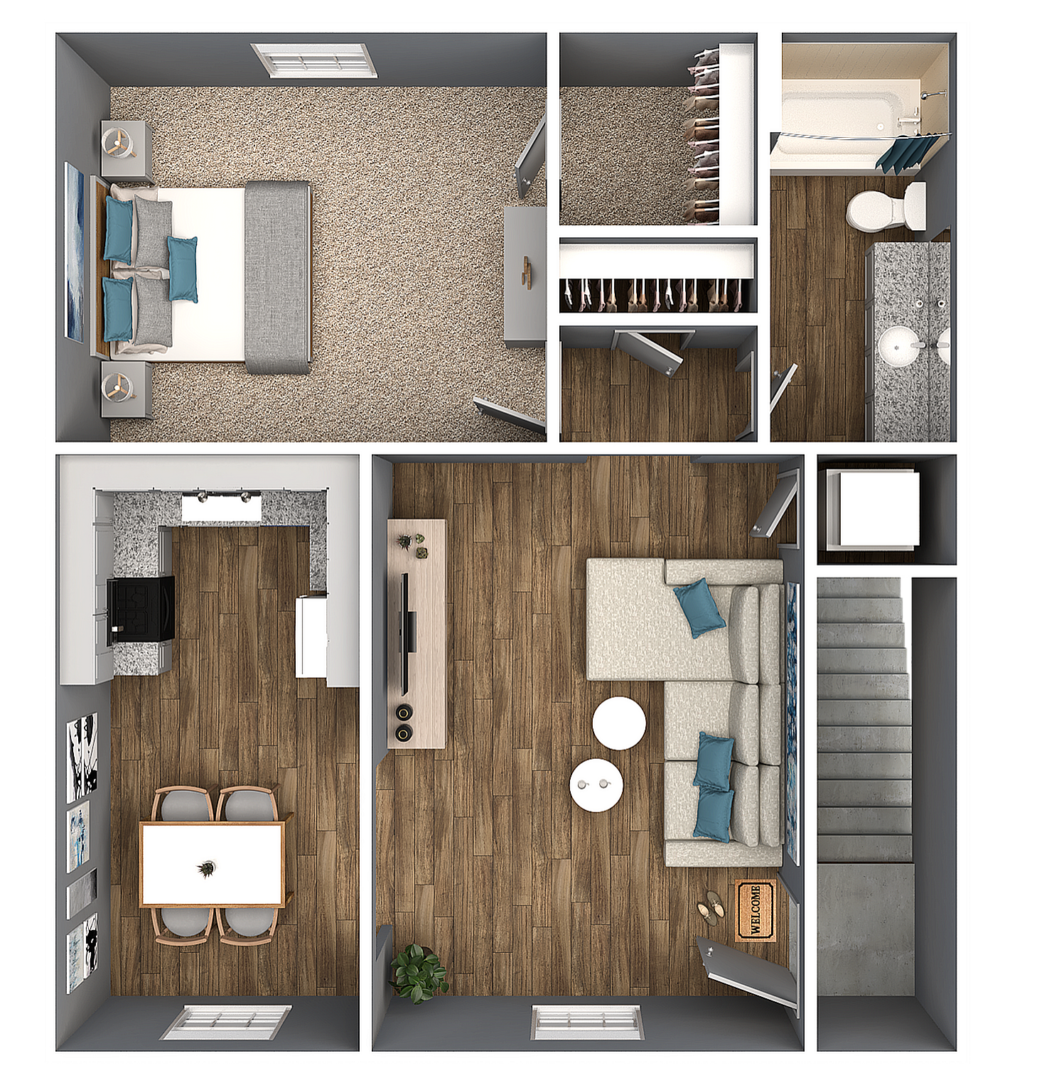 Modern apartment floor plan showcasing a spacious bedroom, open-concept living and dining area, sleek kitchen, and elegant bathroom.