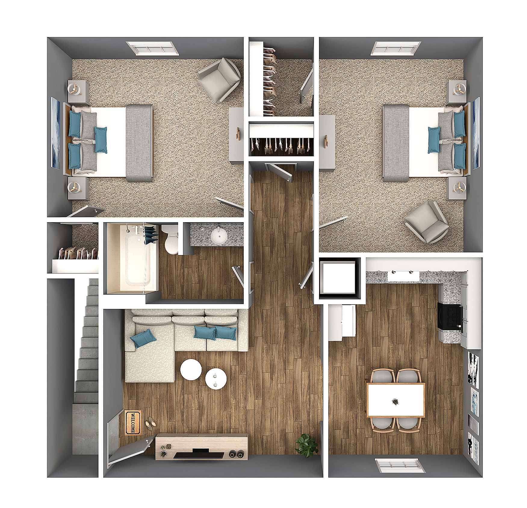 Modern 2D floor plan showcasing 2 spacious bedrooms, inviting living area, and sleek kitchen with dining space, all accented with stylish decor.