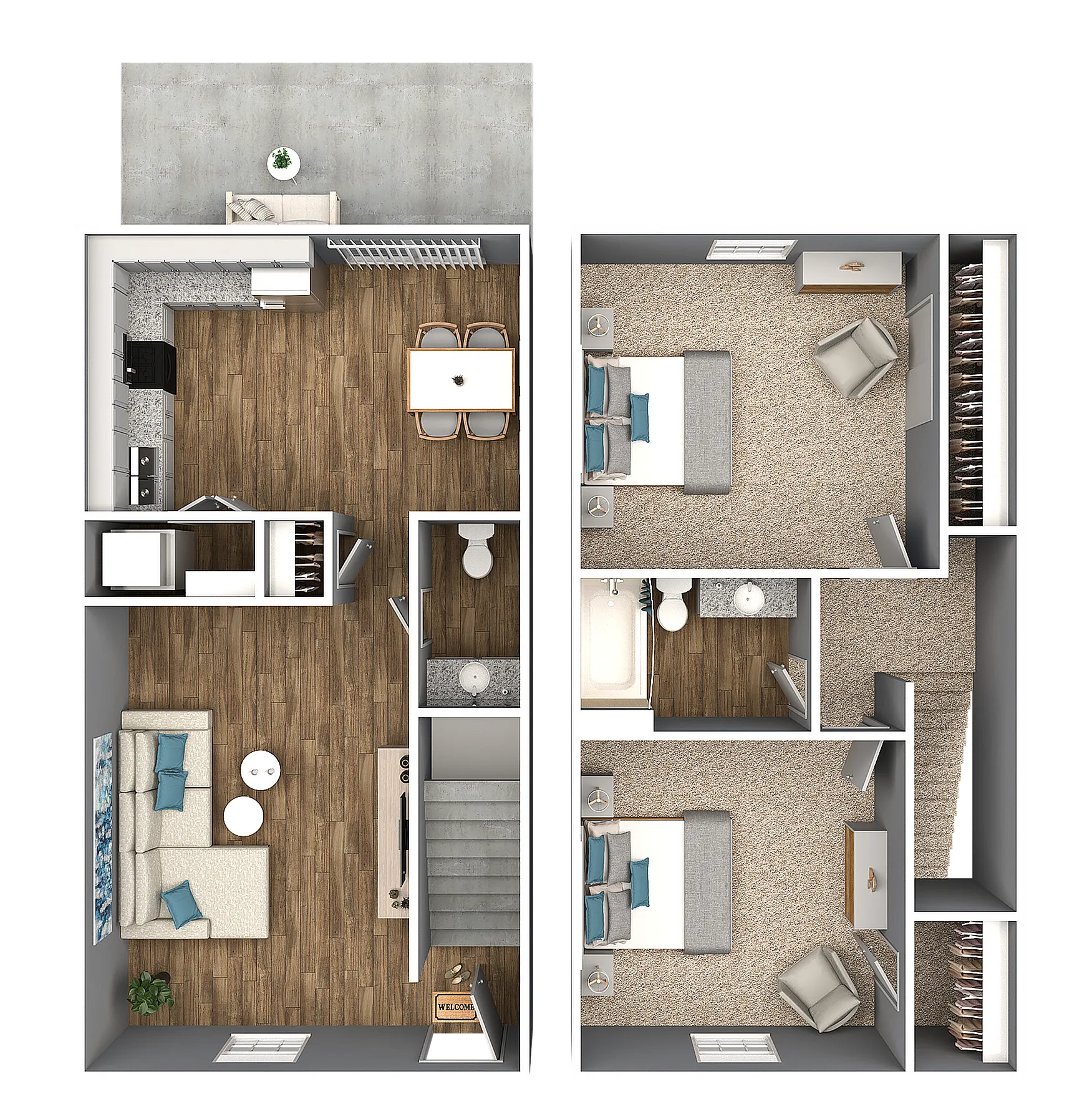 Modern 3D floor plan showcasing two spacious bedrooms, an inviting open-concept kitchen, dining area, and a cozy living room with wood flooring.