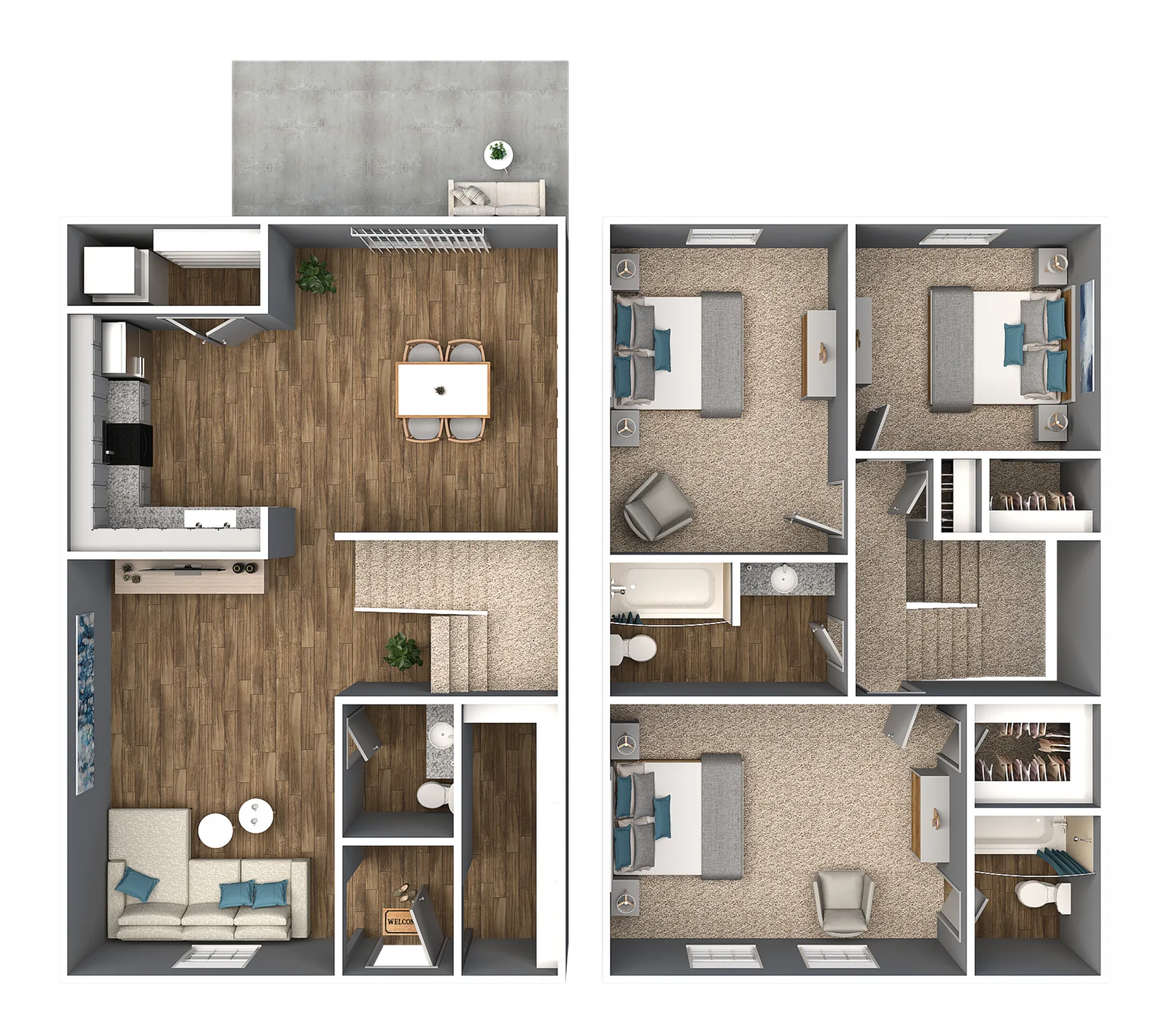 Modern 2-story floor plan featuring 3 spacious bedrooms, inviting open-concept living and dining area, and well-equipped kitchen.