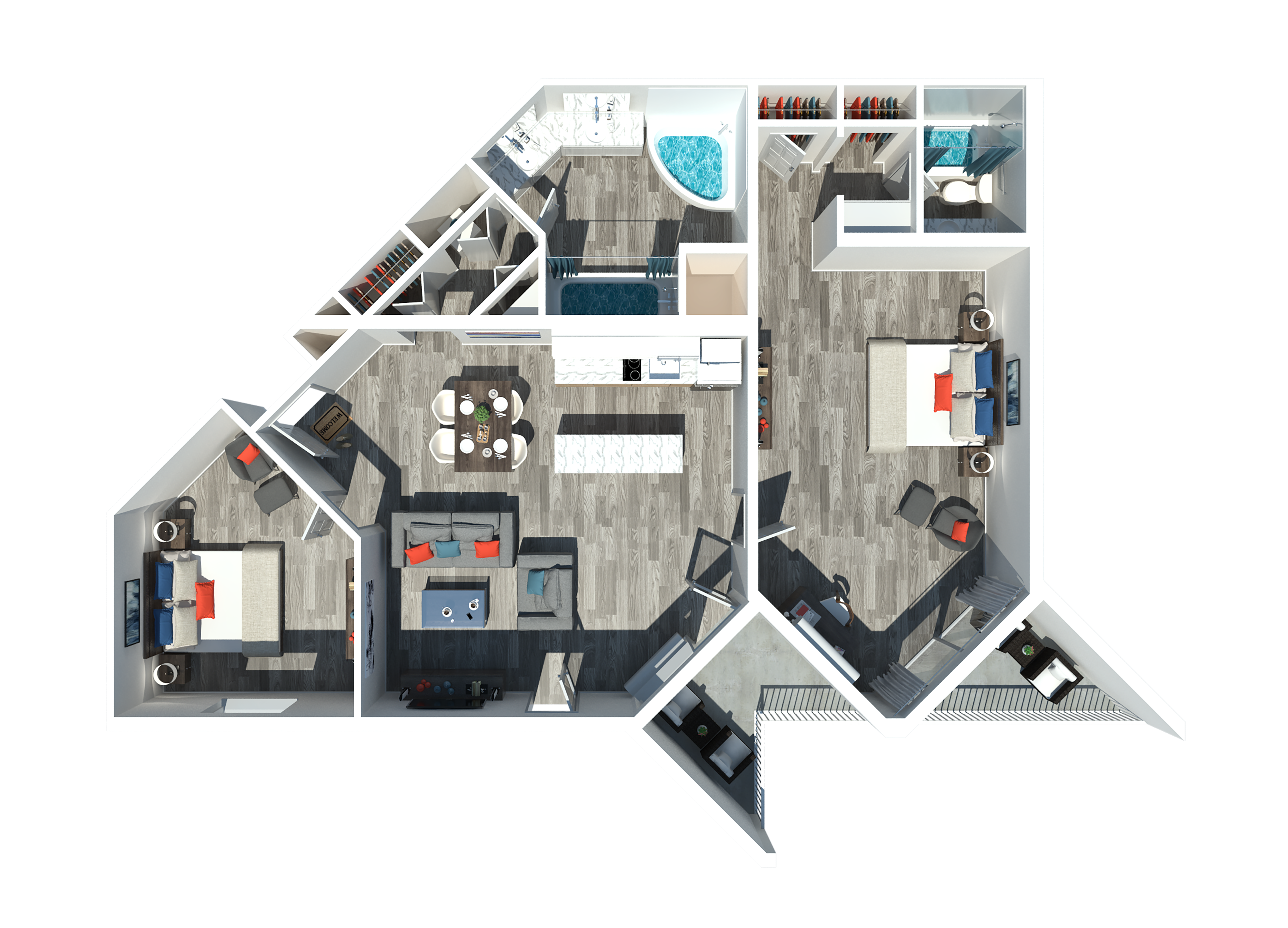 Modern 3D floor plan featuring two cozy bedrooms, a sleek open-concept kitchen and living area, spacious bathrooms, and stylish storage solutions.