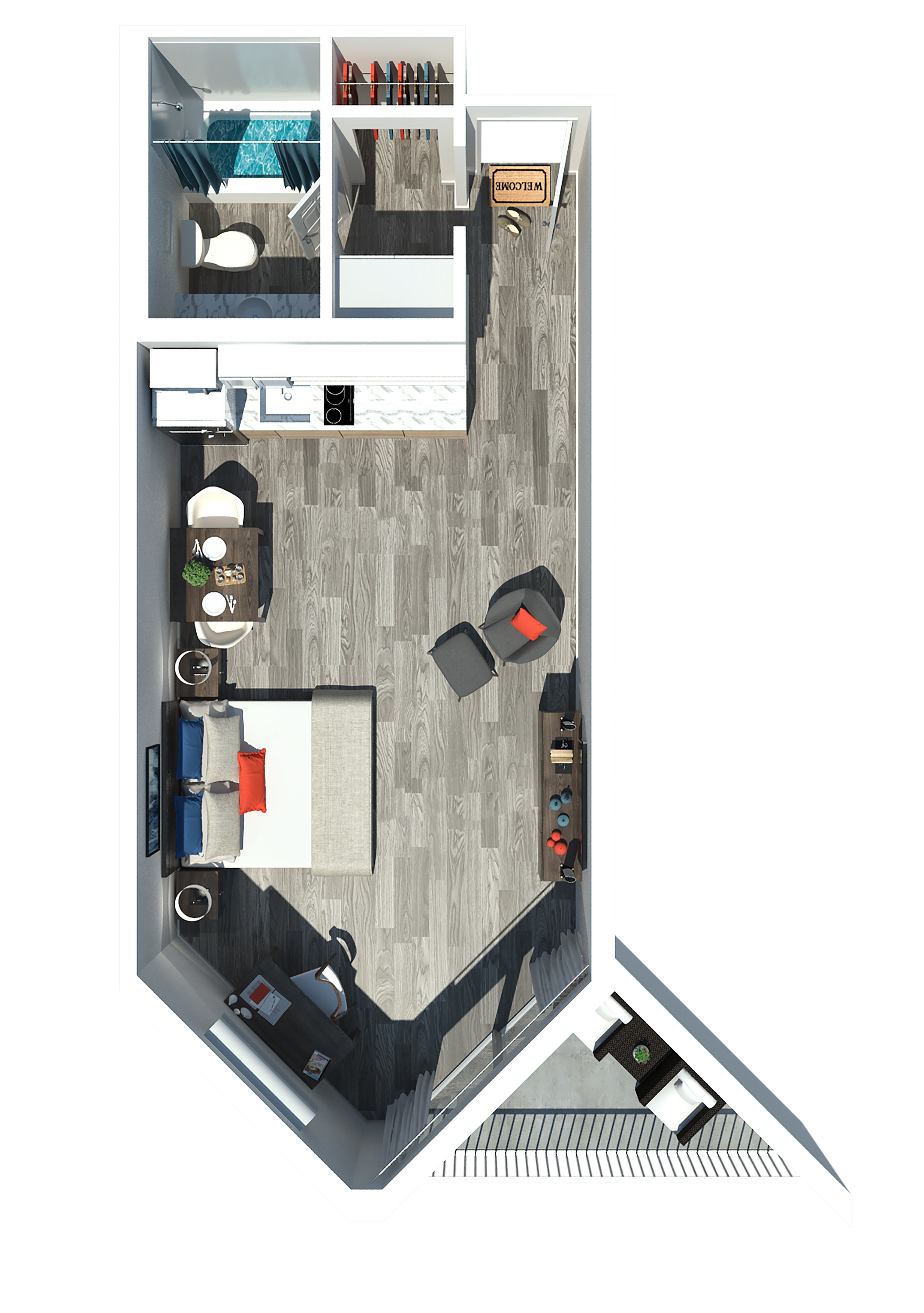 Chic apartment floor plan showcasing a spacious studio layout with open living area, modern kitchen, cozy bedroom, and stylish bathroom.