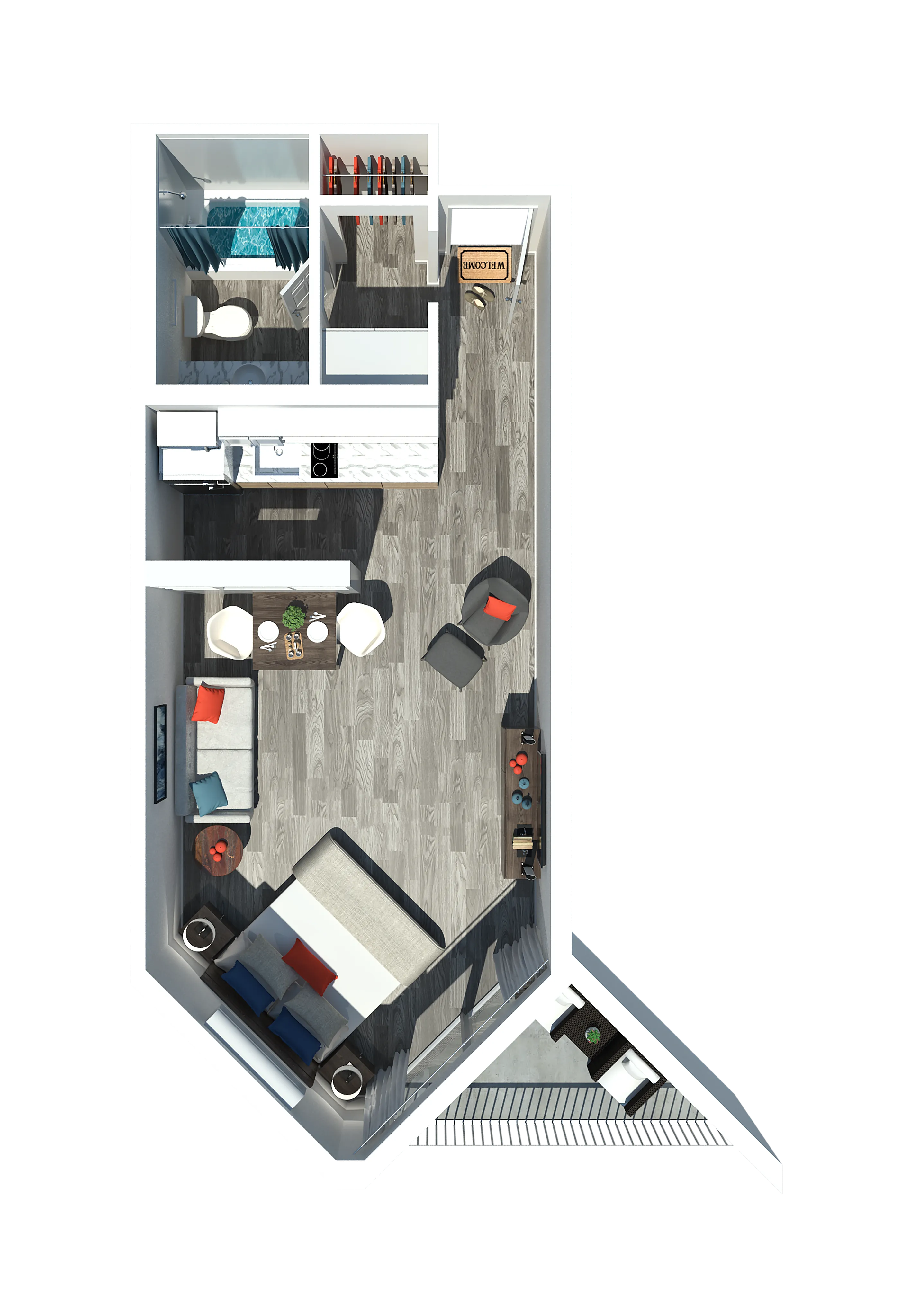 Modern studio apartment with sleek design showcasing an open-concept living room, integrated kitchen, stylish bathroom, and cozy sleeping area.