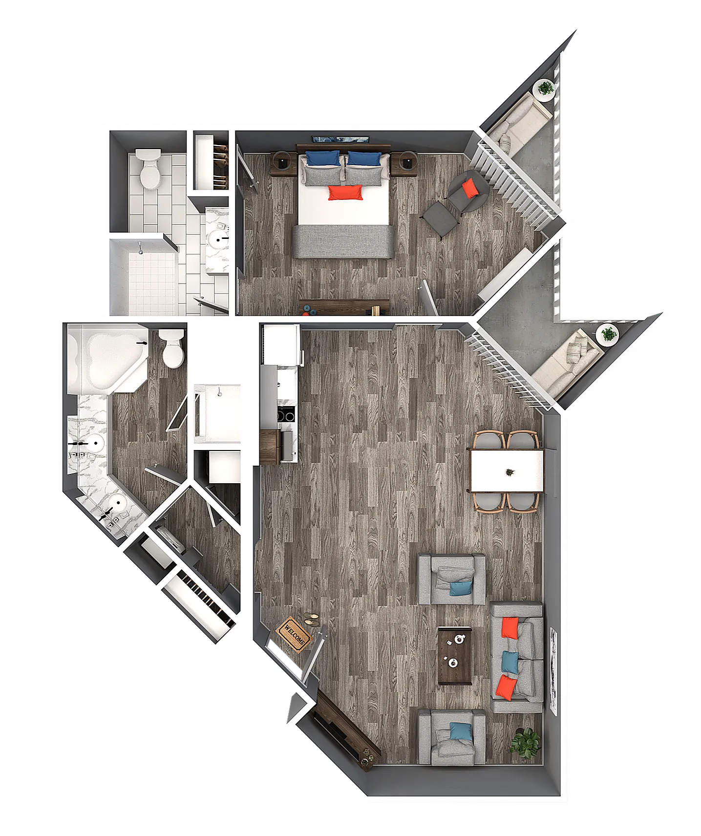 Modern 2D floor plan featuring 1 bedroom, spacious living area with chic furniture, stylish kitchen, and contemporary bathroom.